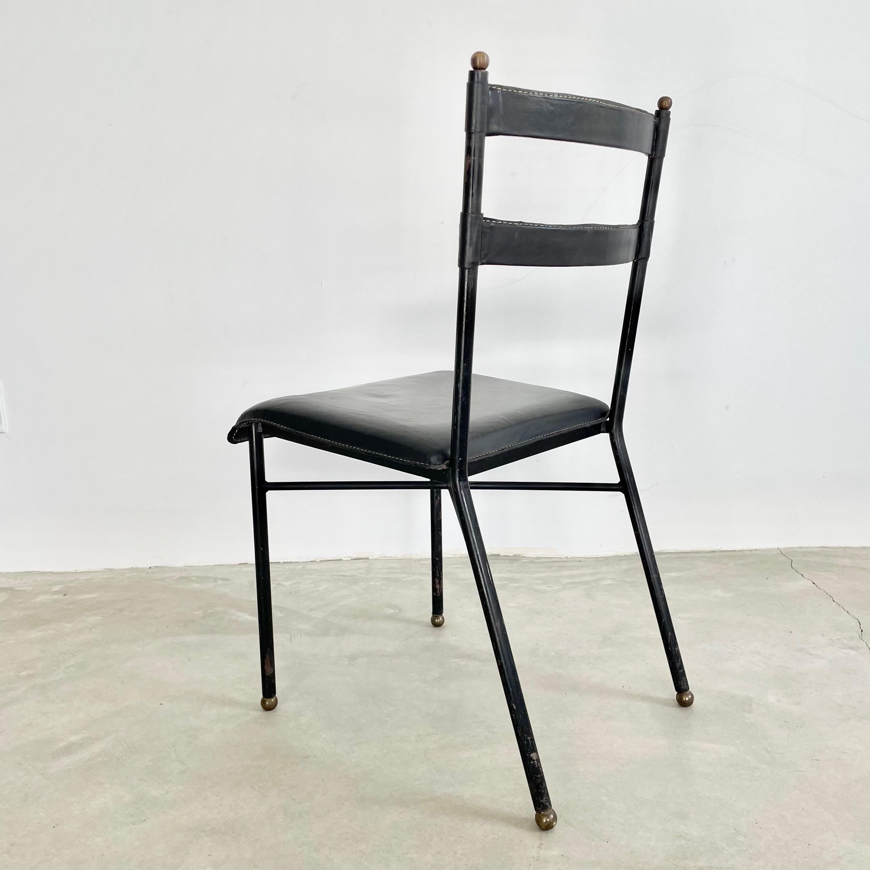 Brass Jacques Adnet Black Leather Chair, 1950s France For Sale