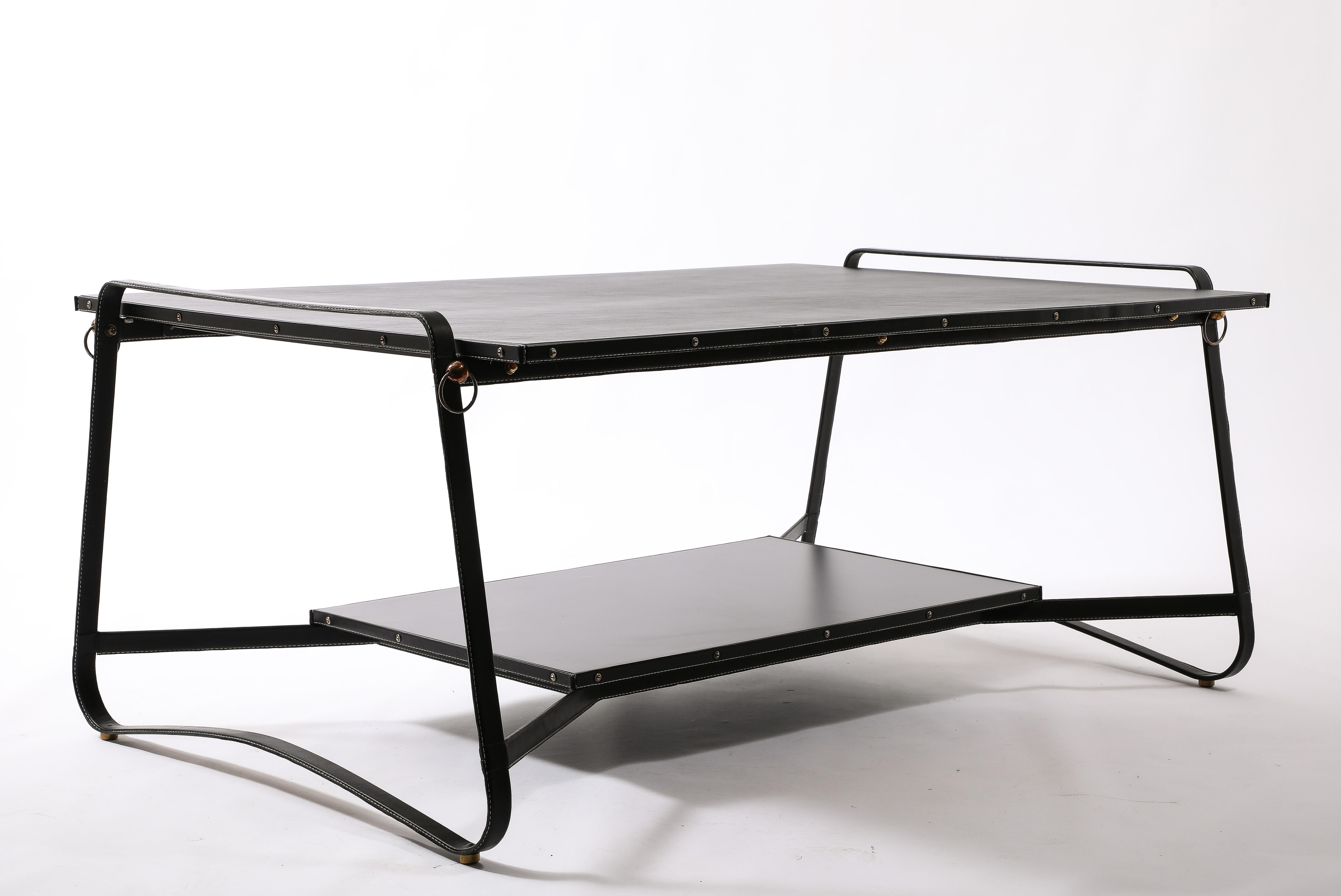 Jacques Adnet Black Leather Coffee Table, France 1950's For Sale 8
