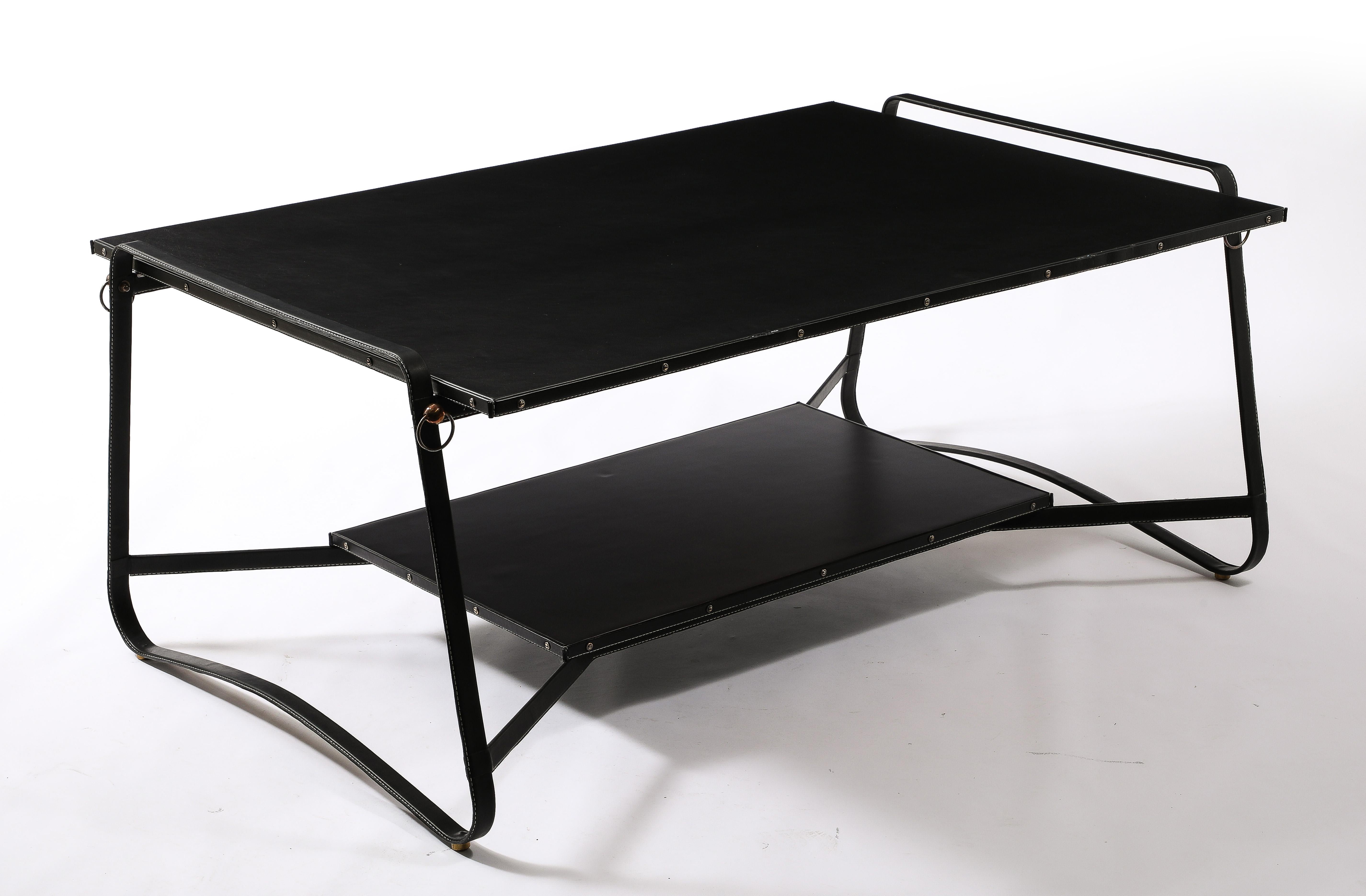 Jacques Adnet Black Leather Coffee Table, France 1950's For Sale 9