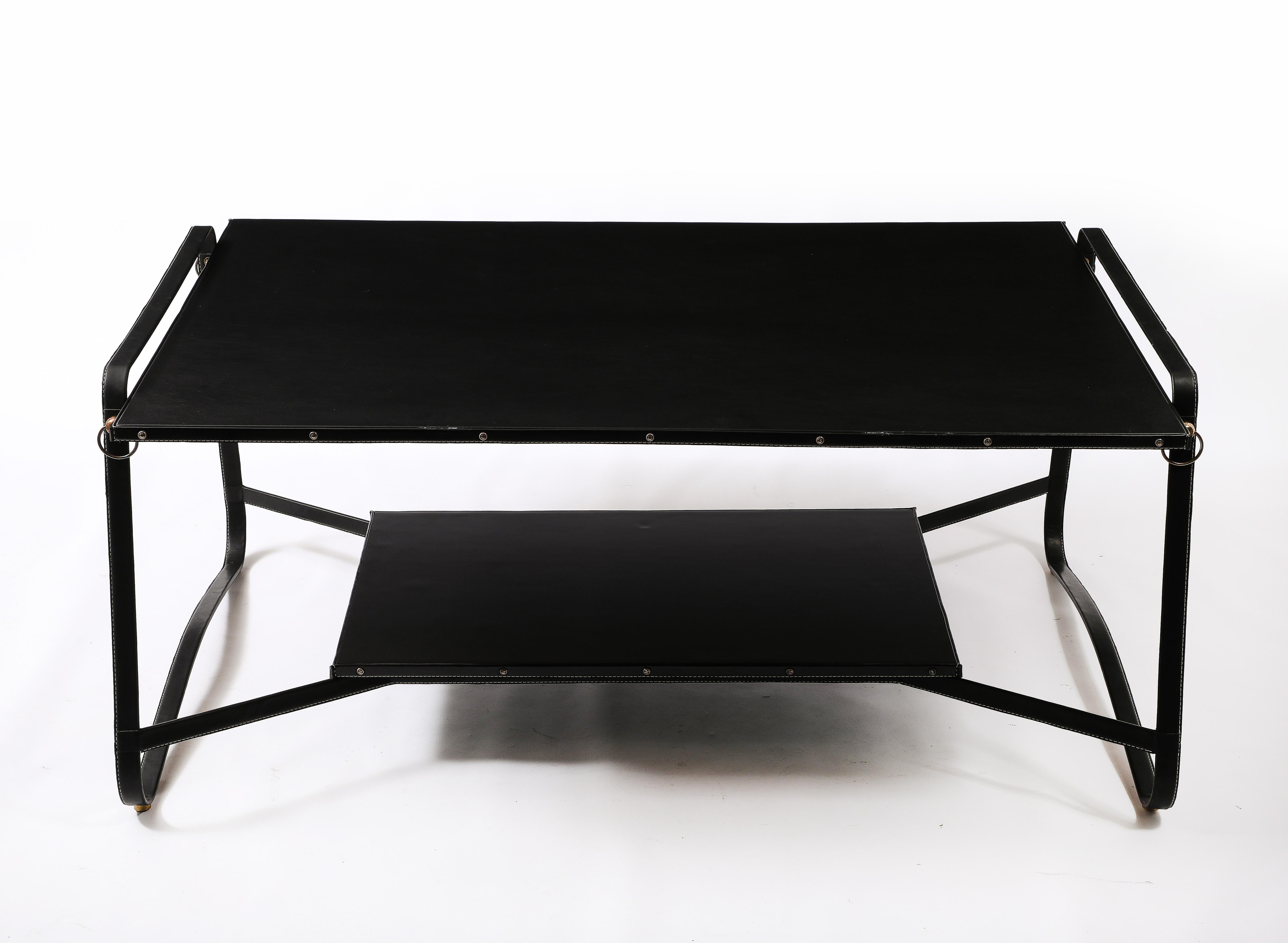 Jacques Adnet Black Leather Coffee Table, France 1950's For Sale 11