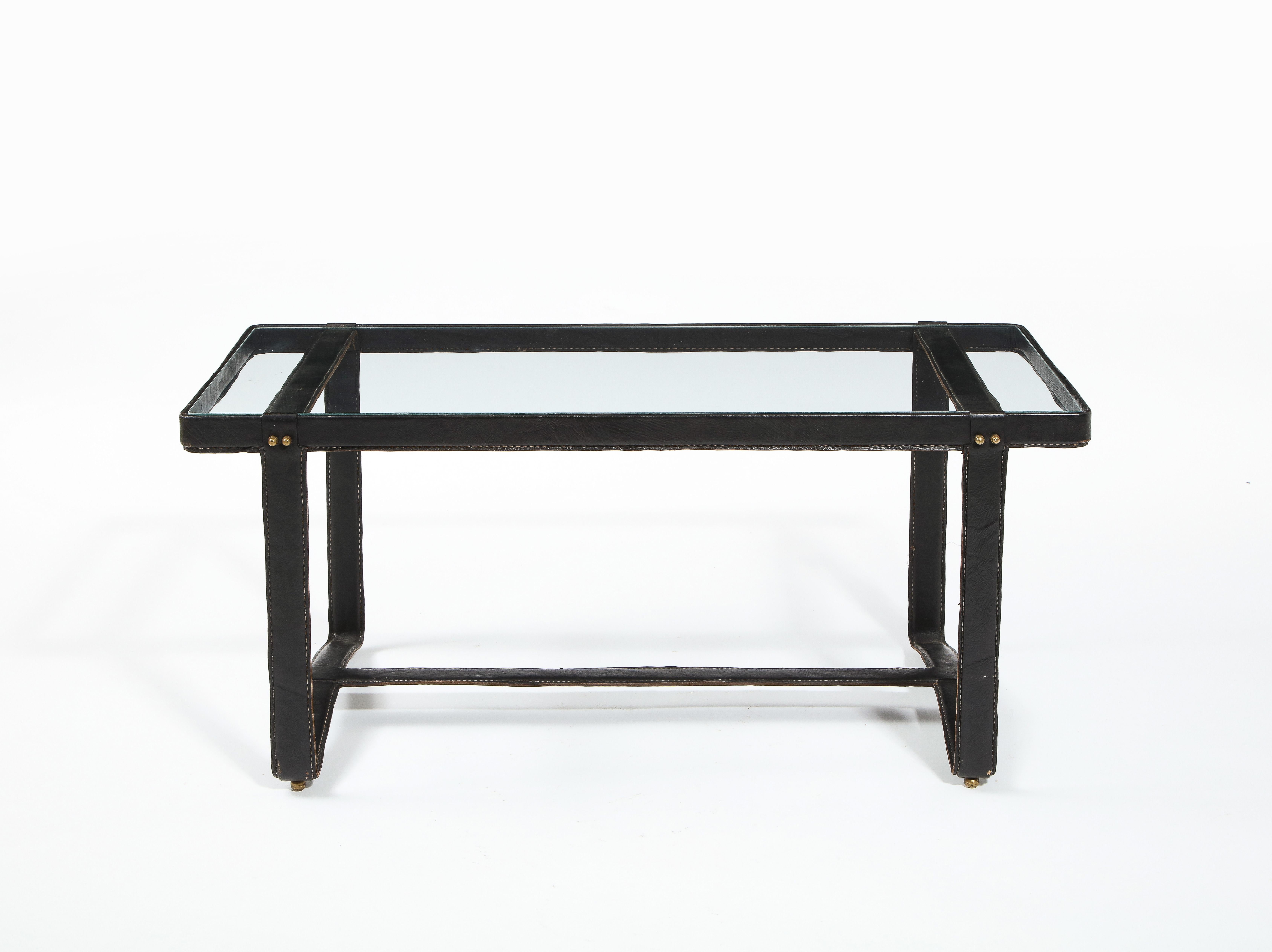 Mid-Century Modern Jacques Adnet Black Leather Coffee Table, France 1950's For Sale