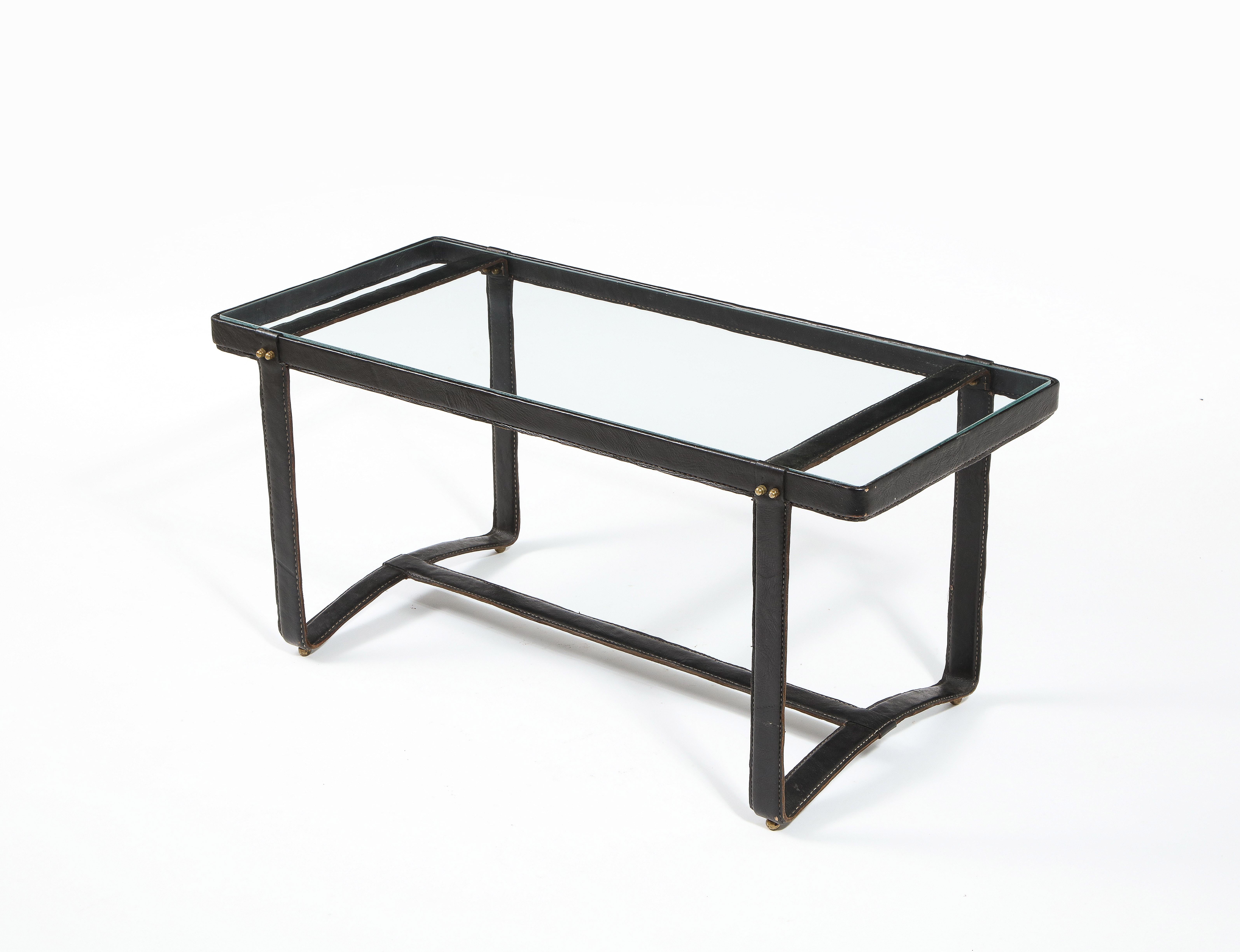20th Century Jacques Adnet Black Leather Coffee Table, France 1950's For Sale