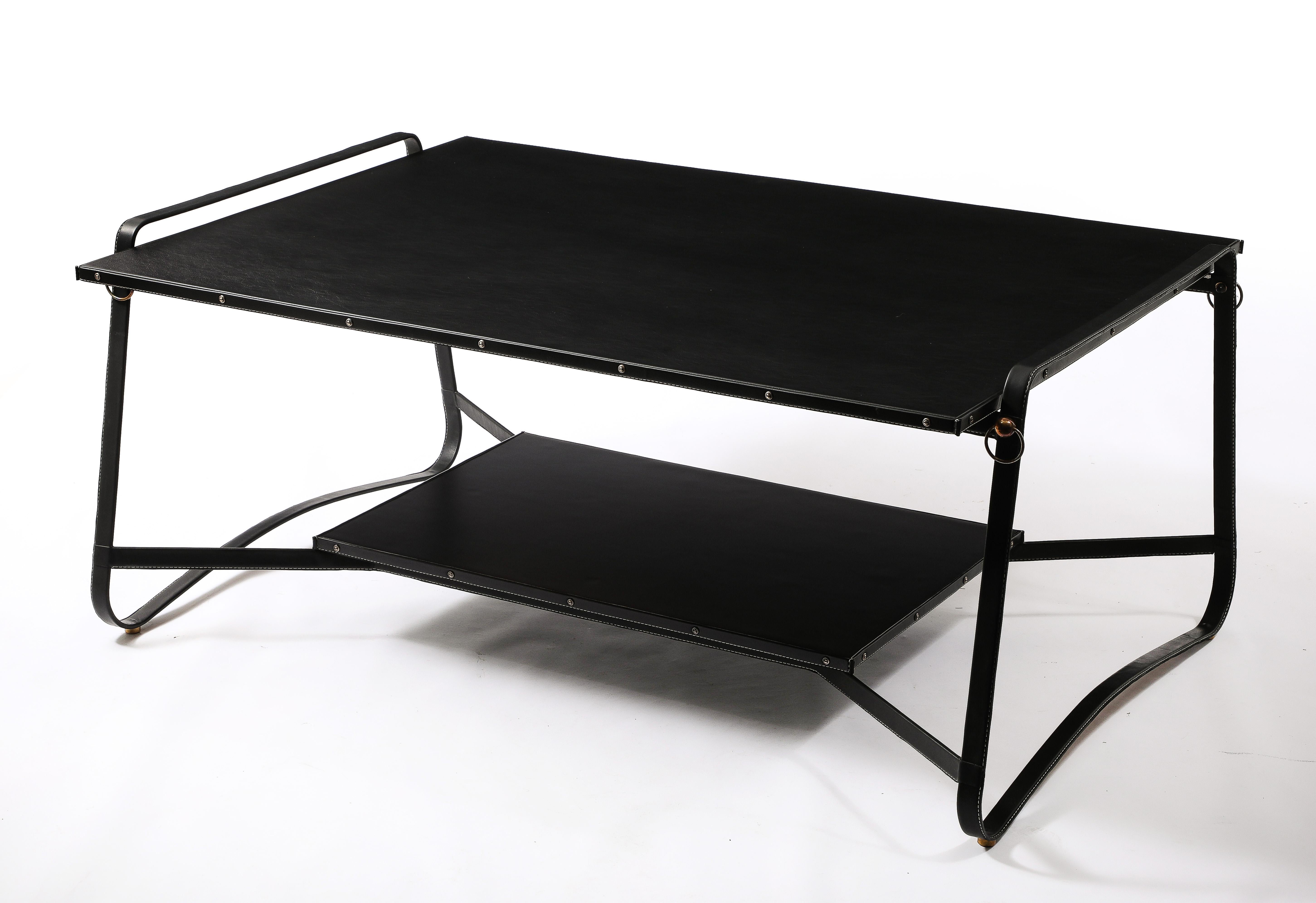 20th Century Jacques Adnet Black Leather Coffee Table, France 1950's For Sale