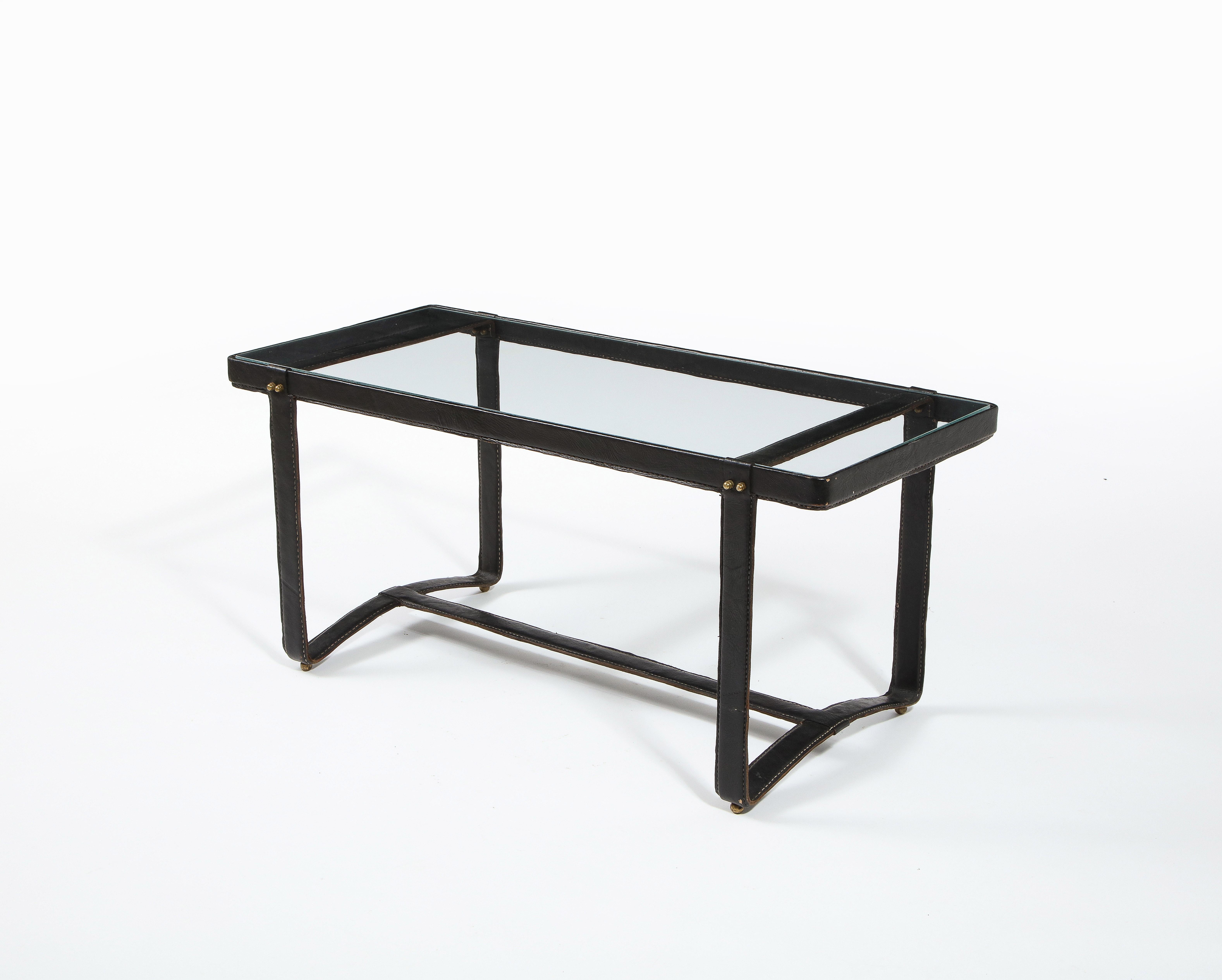 Brass Jacques Adnet Black Leather Coffee Table, France 1950's For Sale