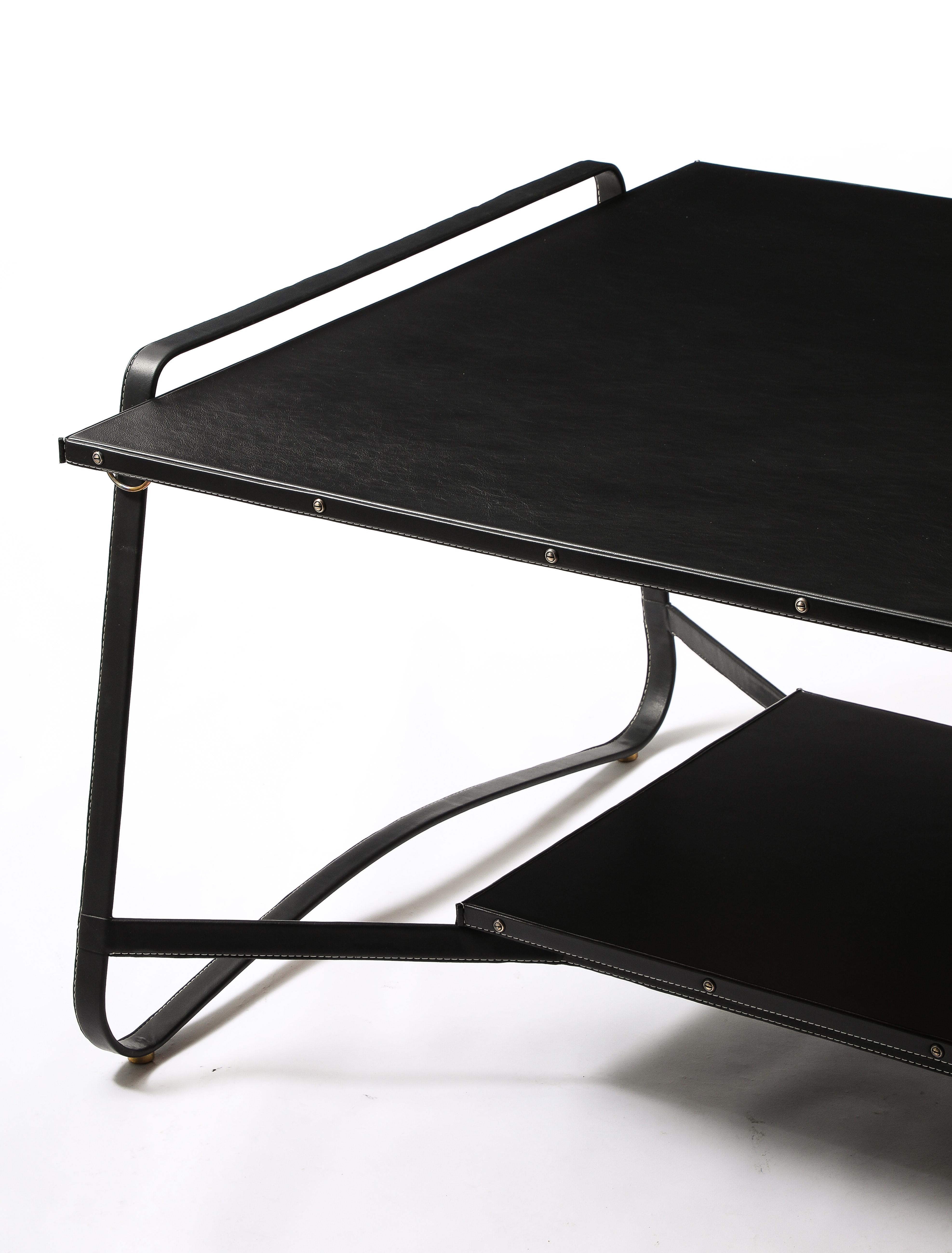 Brass Jacques Adnet Black Leather Coffee Table, France 1950's For Sale