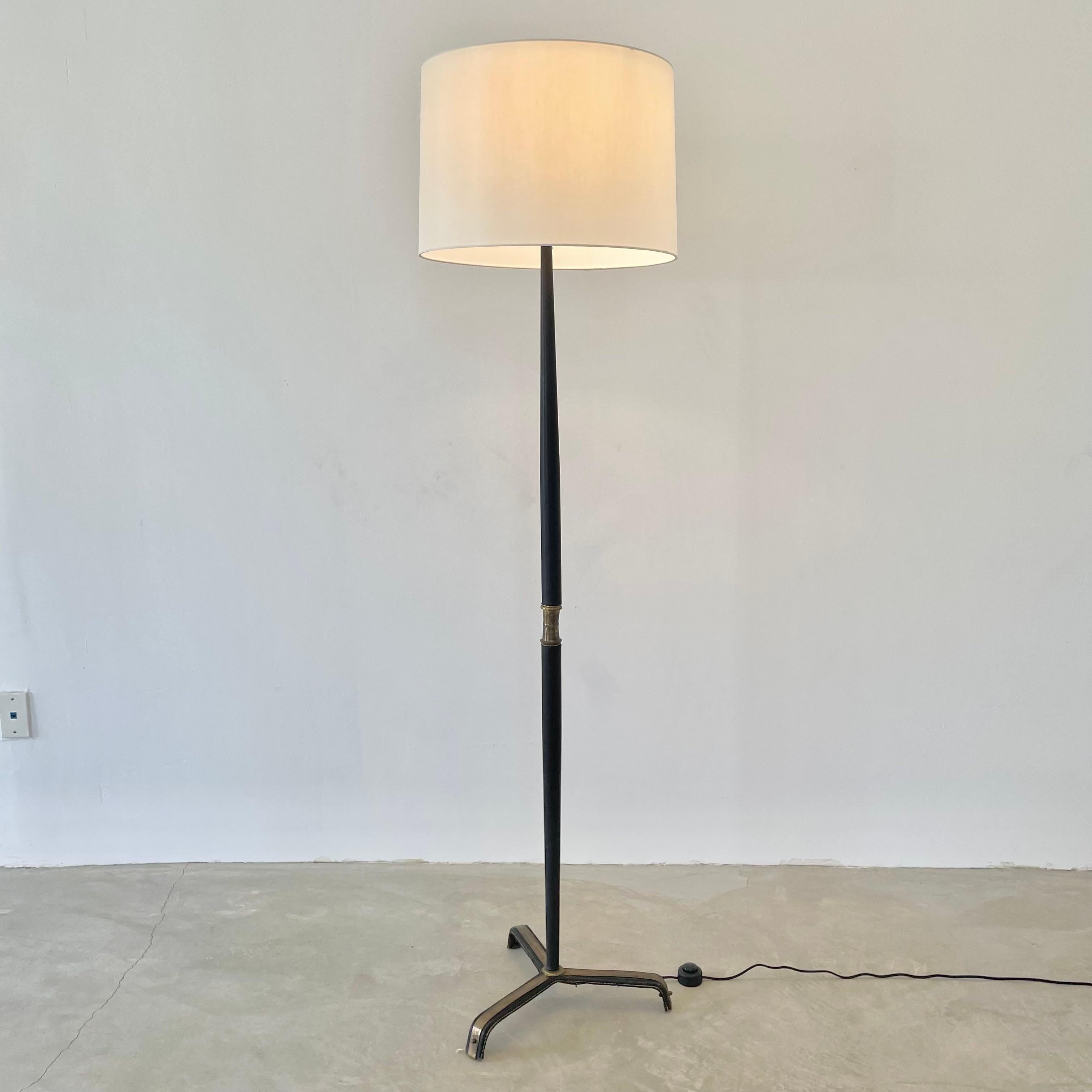 Mid-Century Modern Jacques Adnet Black Leather Floor Lamp, 1950s France For Sale