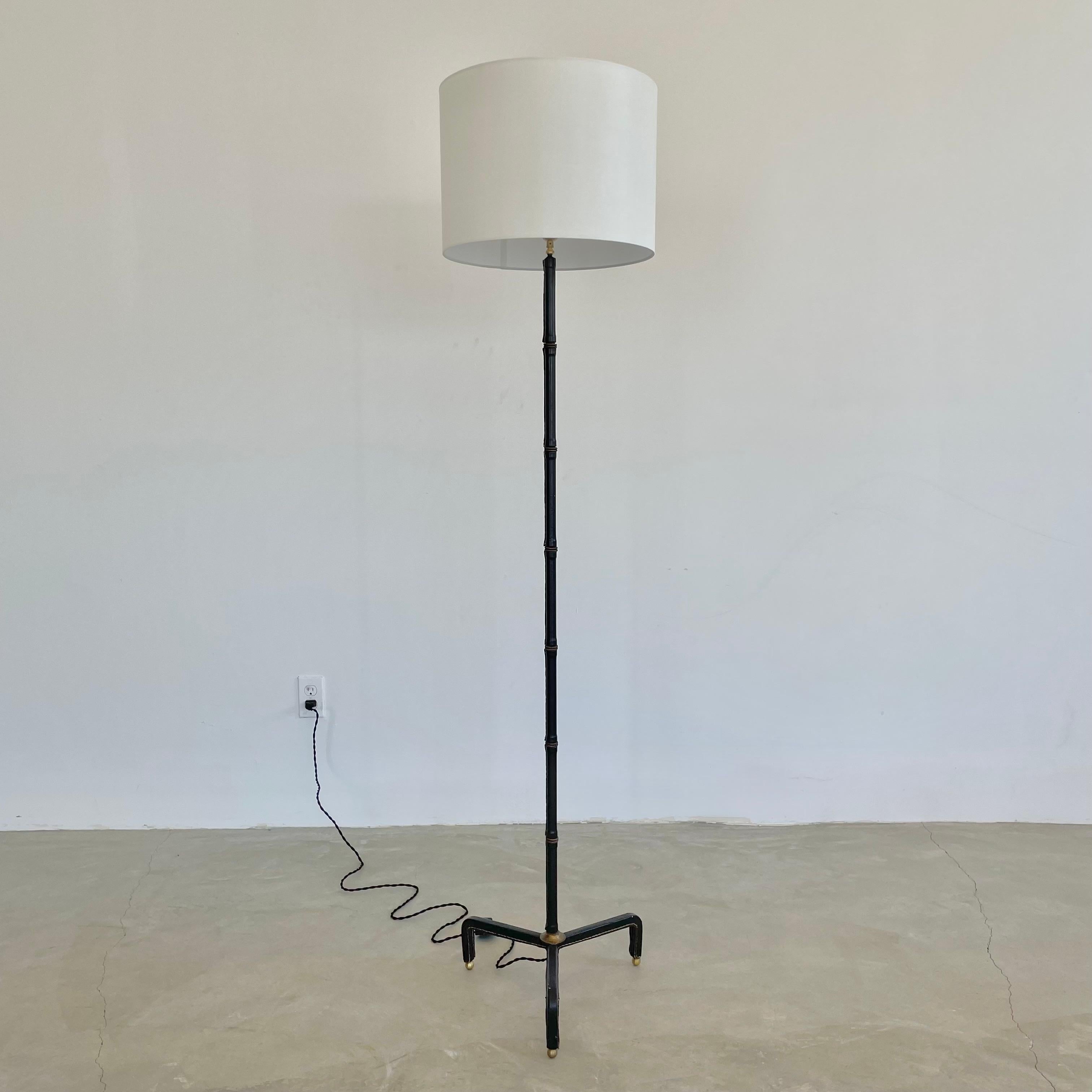 French Jacques Adnet Black Leather Floor Lamp, 1950s France For Sale
