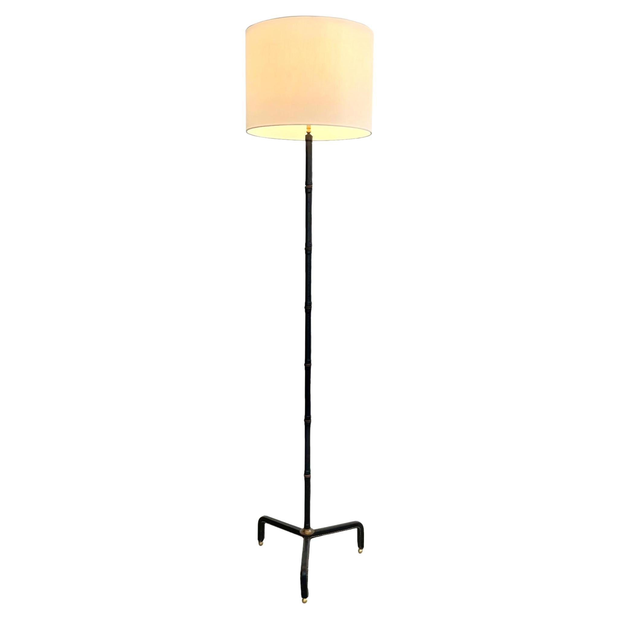 Jacques Adnet Black Leather Floor Lamp, 1950s France For Sale
