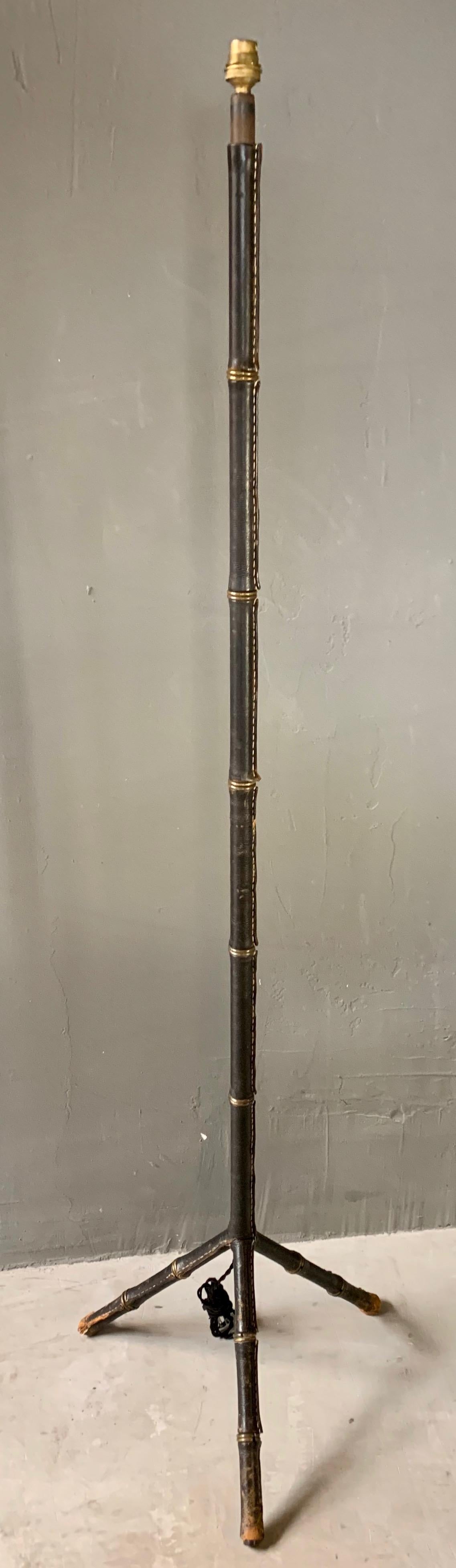 French Jacques Adnet Black Leather Floor Lamp