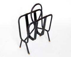 1950s Black Leather Magazine Holder On Brass Ball Feet after Jacques Adnet