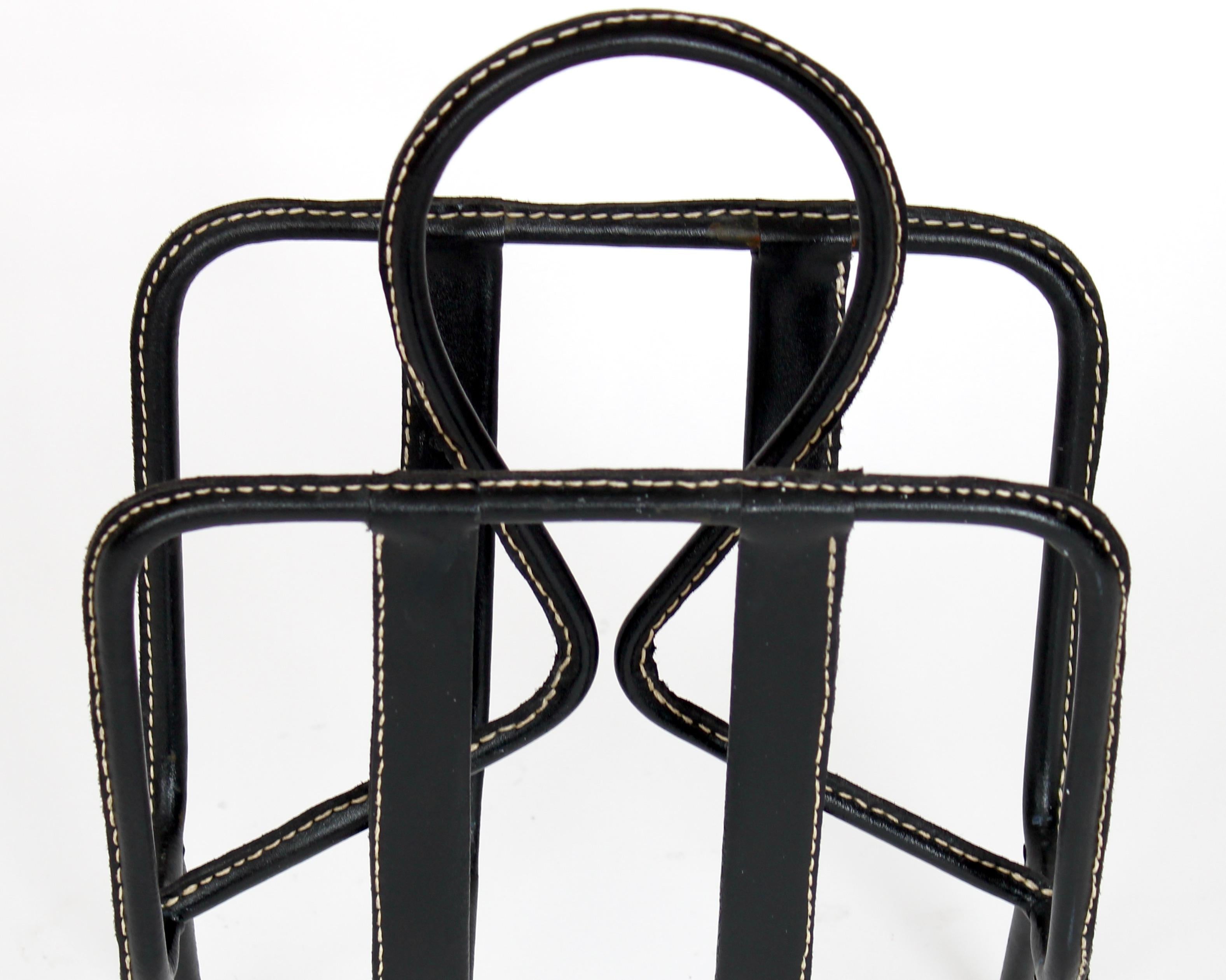 French Jacques Adnet Black Leather Magazine Holder On Brass Ball Feet For Sale