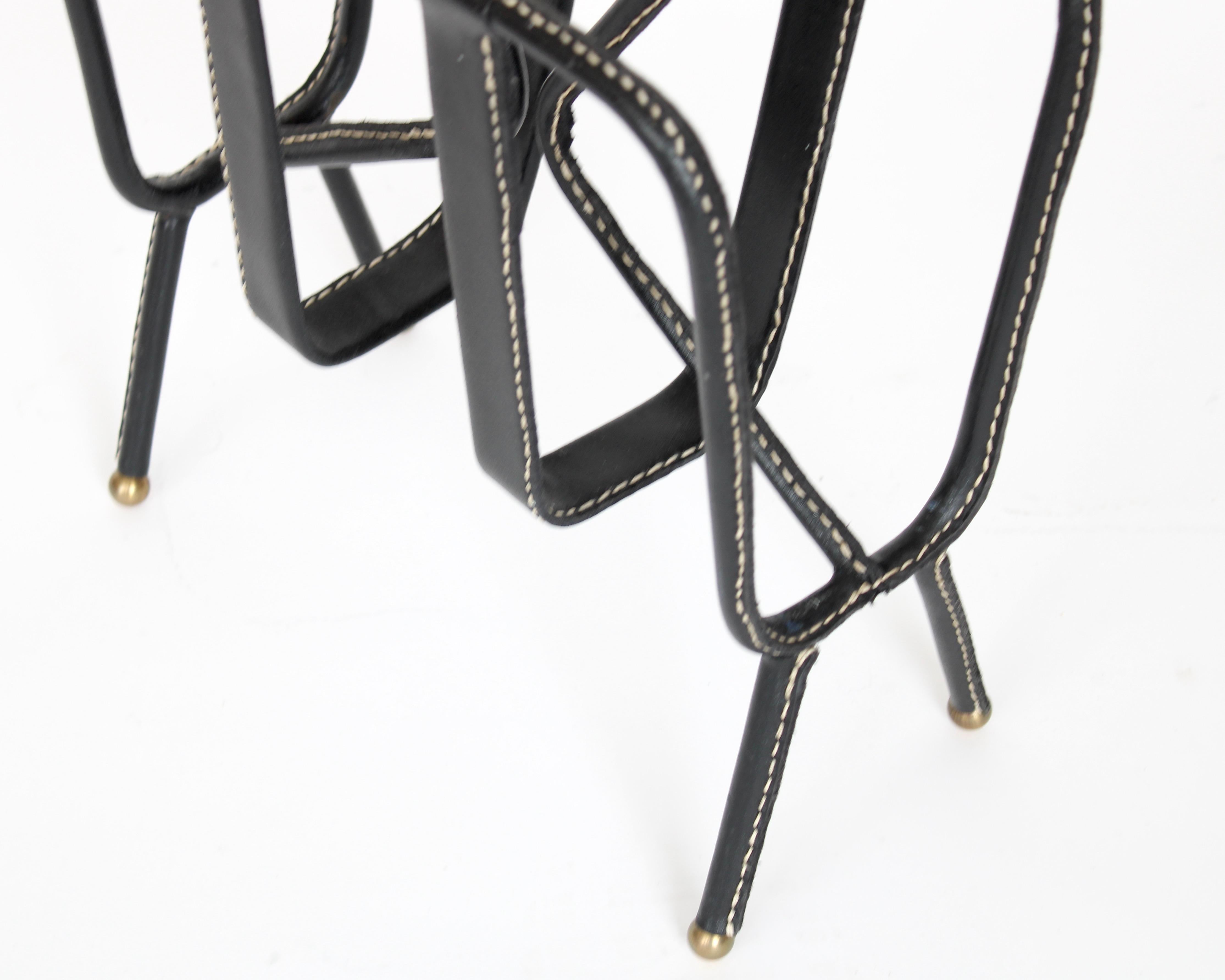 Mid-20th Century Jacques Adnet Black Leather Magazine Holder On Brass Ball Feet For Sale