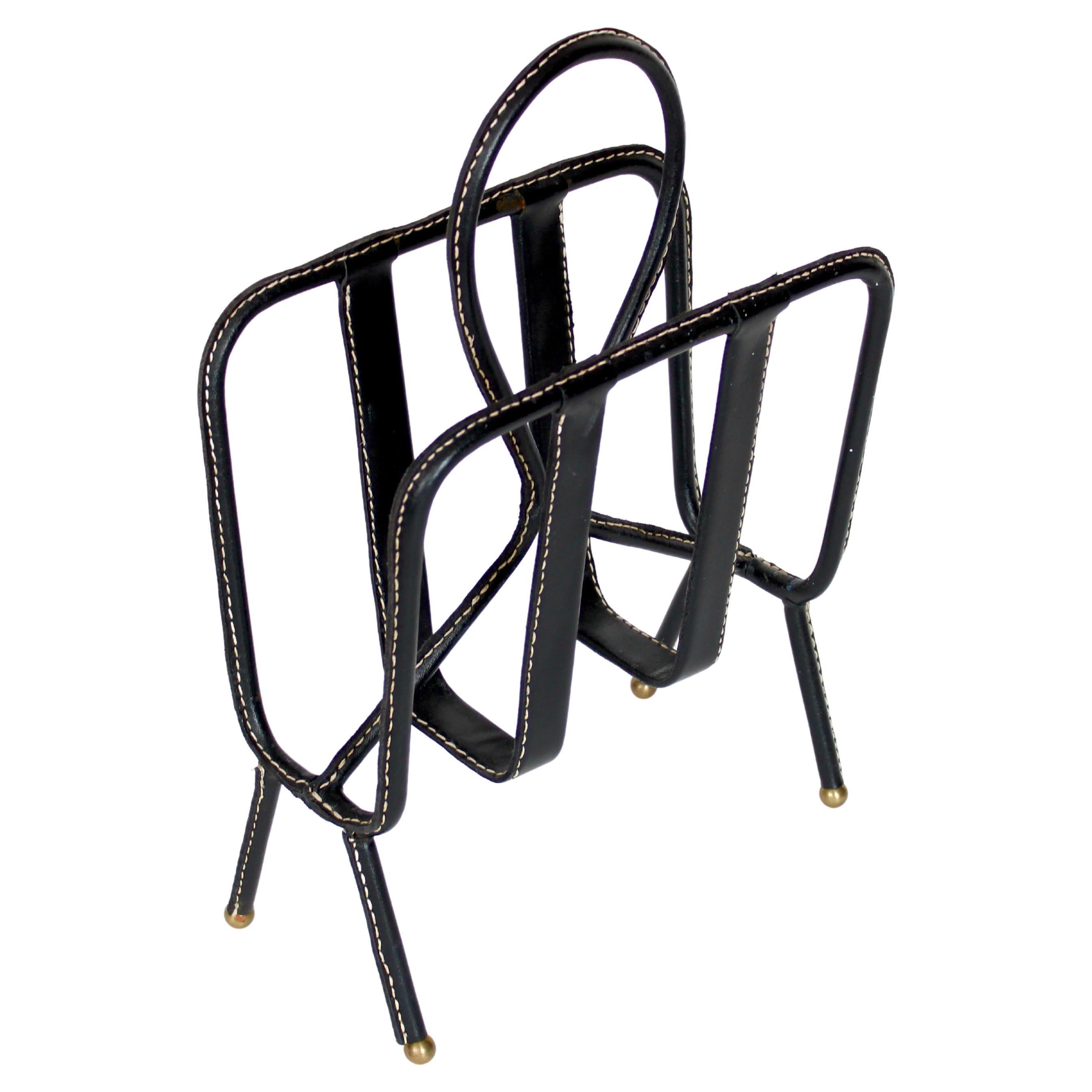 Jacques Adnet Black Leather Magazine Holder On Brass Ball Feet