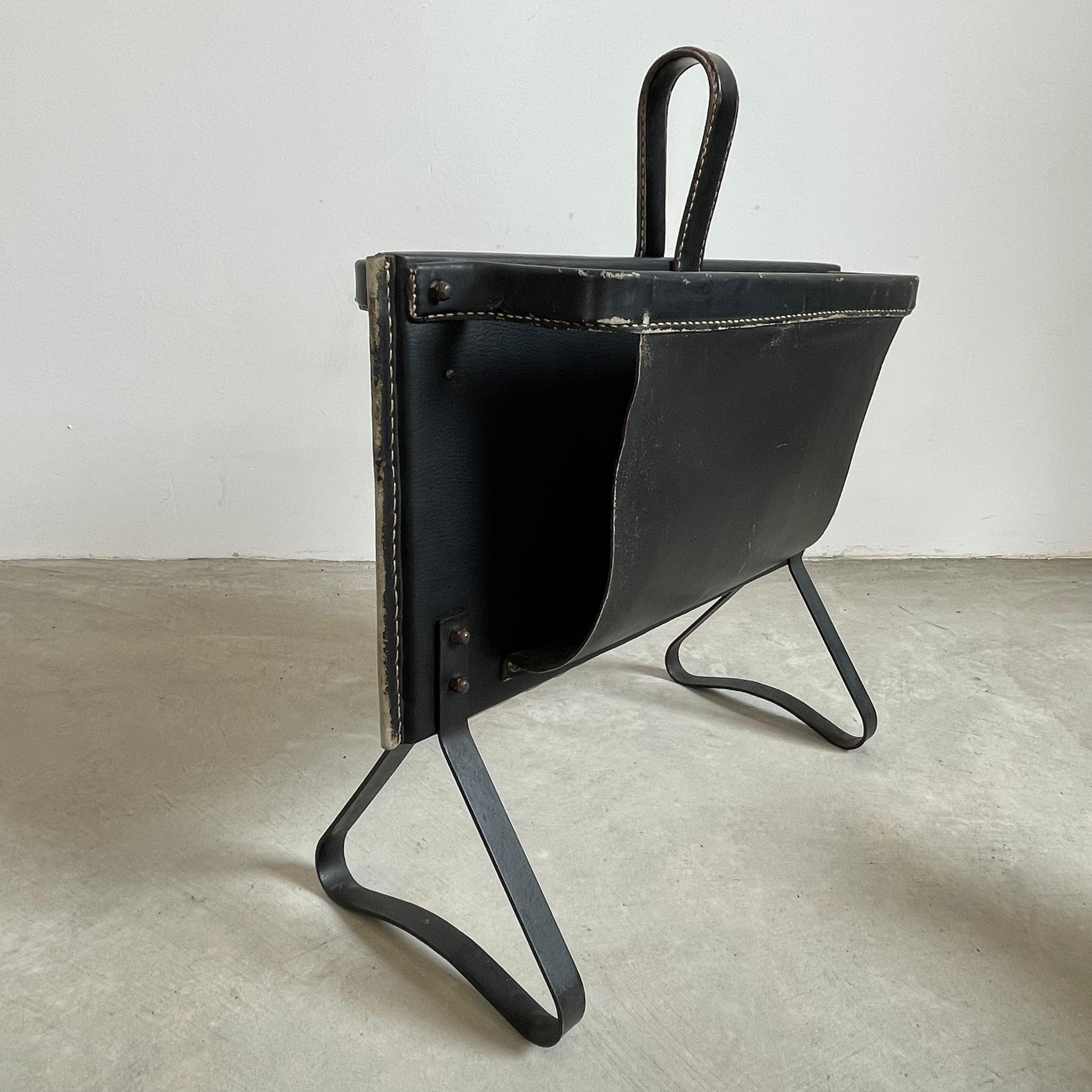 Jacques Adnet Black Leather Magazine Rack, 1950s For Sale 5