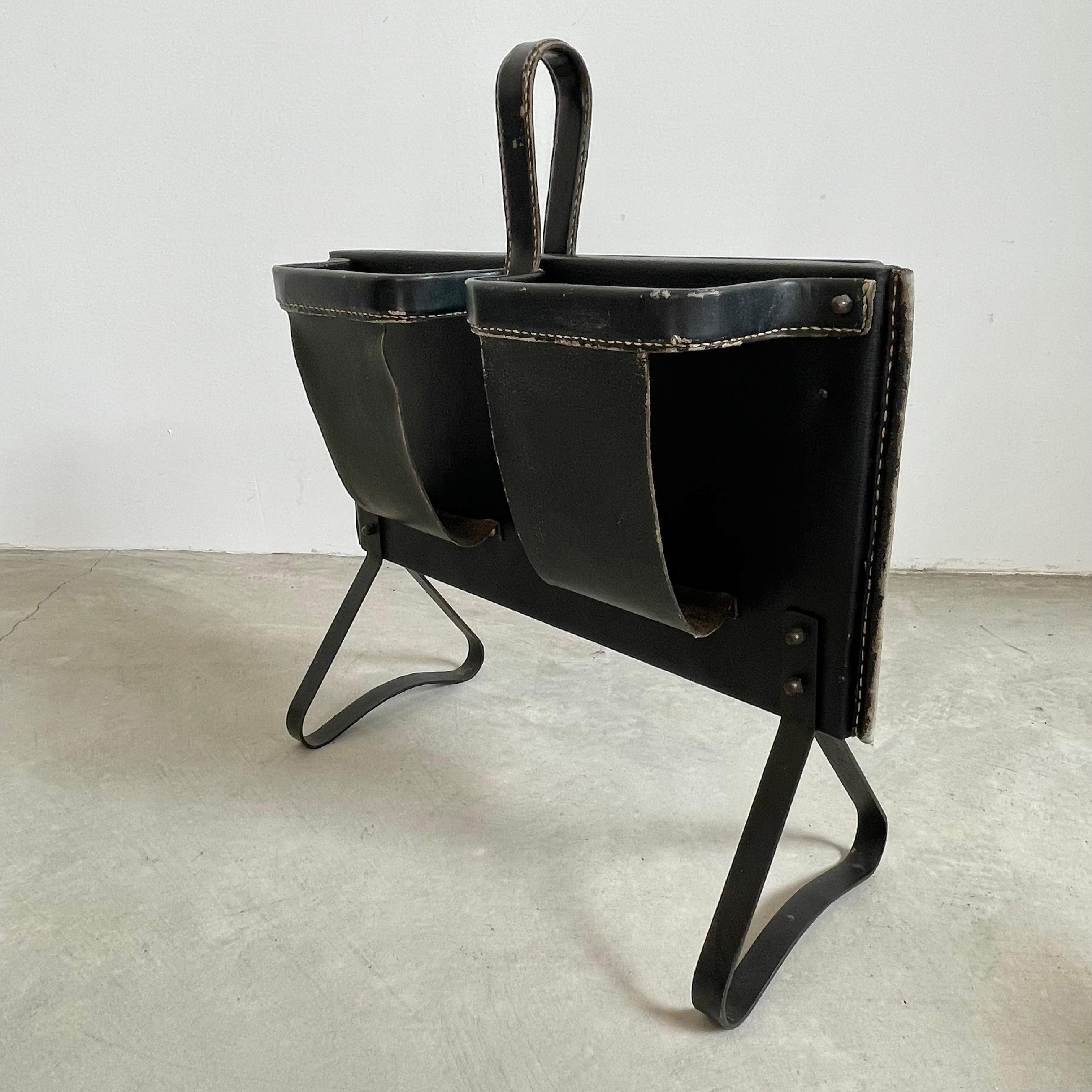 Jacques Adnet Black Leather Magazine Rack, 1950s For Sale 6