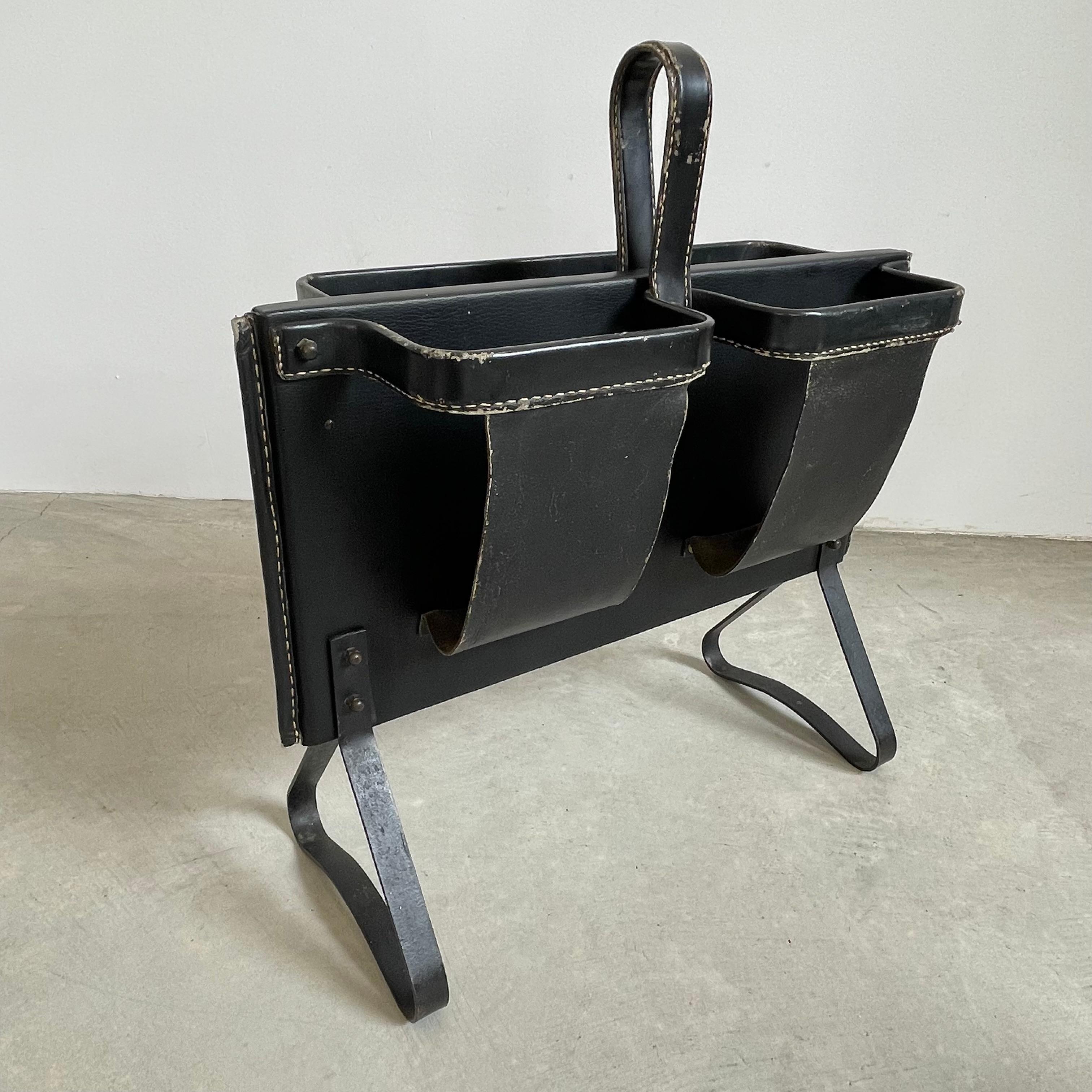 Jacques Adnet Black Leather Magazine Rack, 1950s For Sale 9