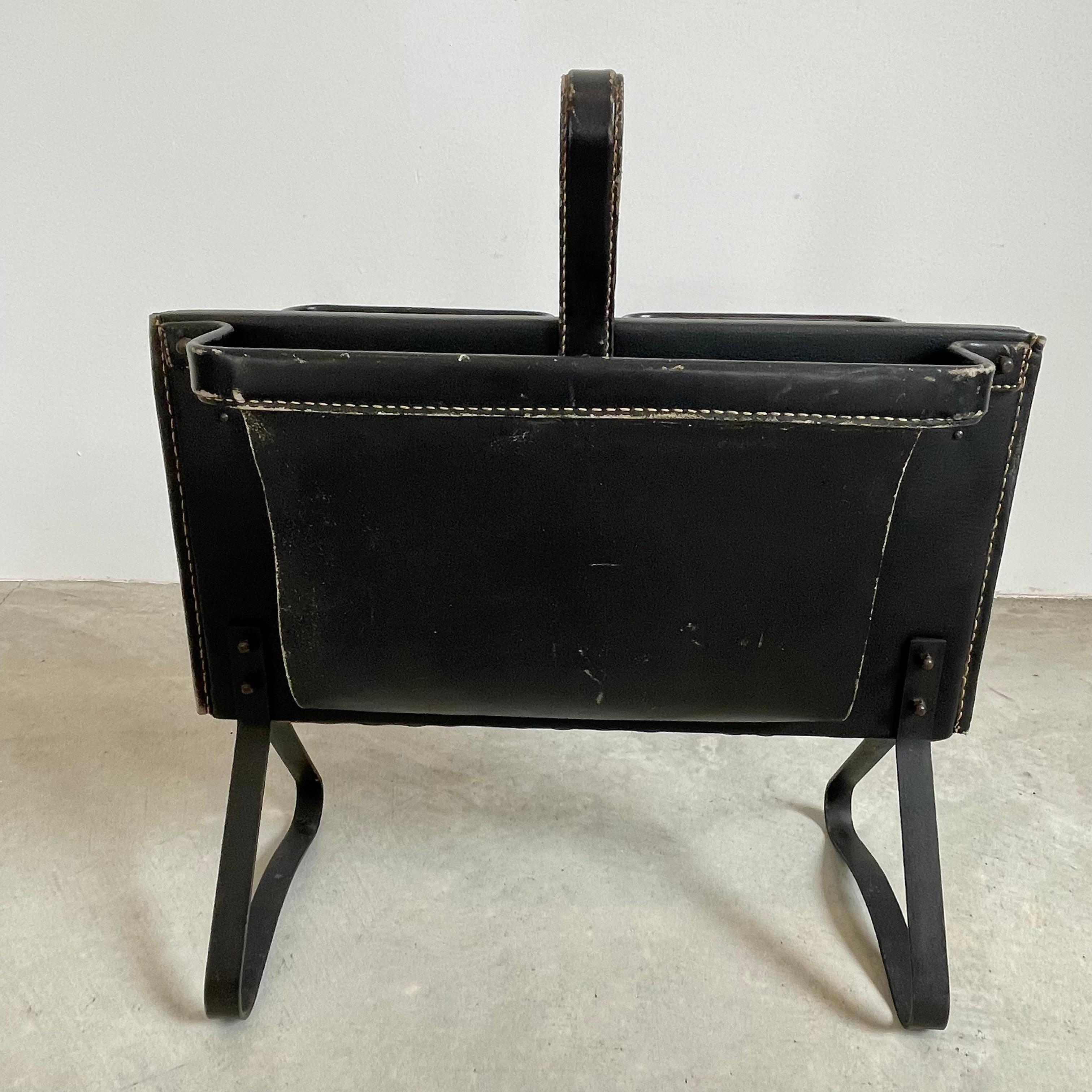 French Jacques Adnet Black Leather Magazine Rack, 1950s For Sale