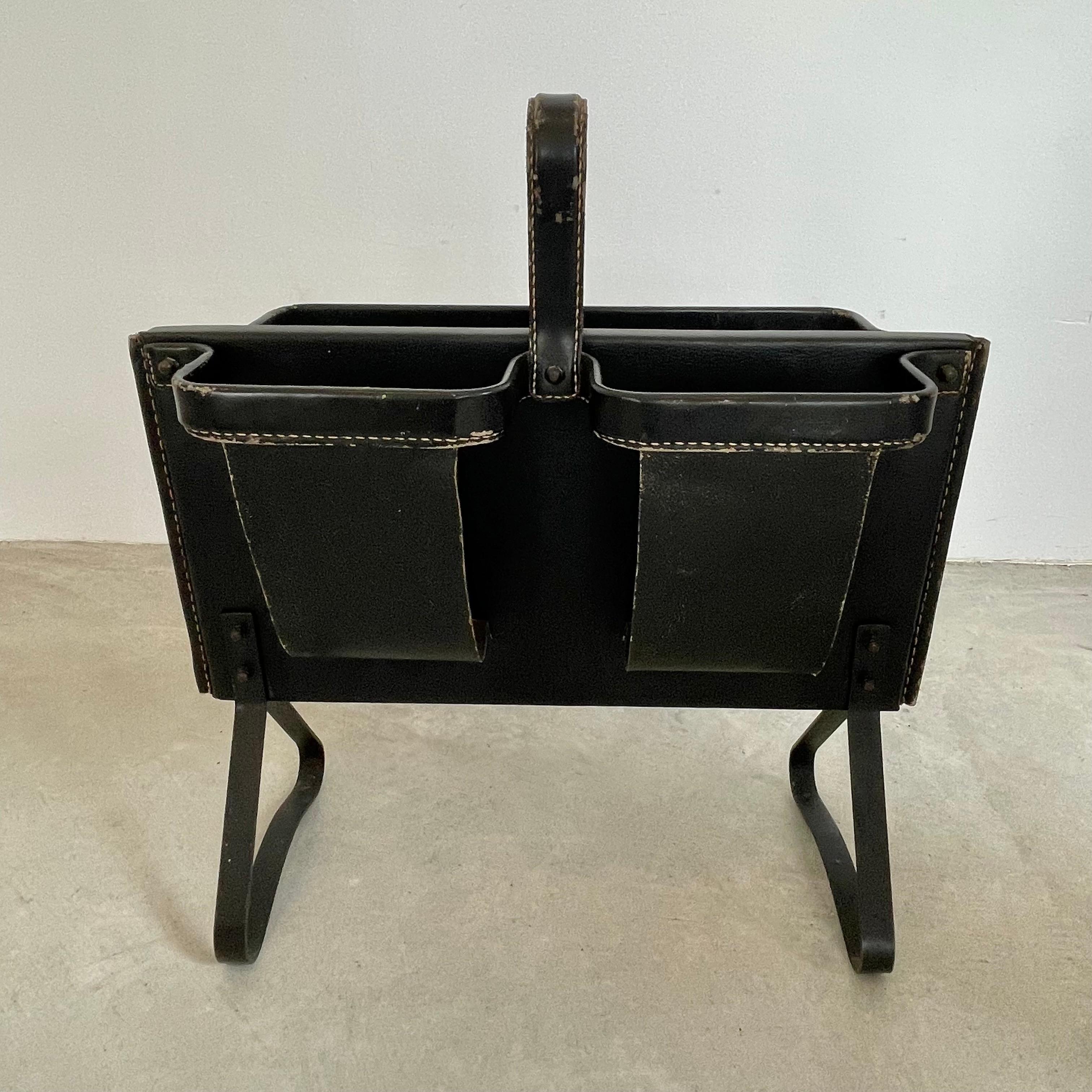 Mid-20th Century Jacques Adnet Black Leather Magazine Rack, 1950s For Sale