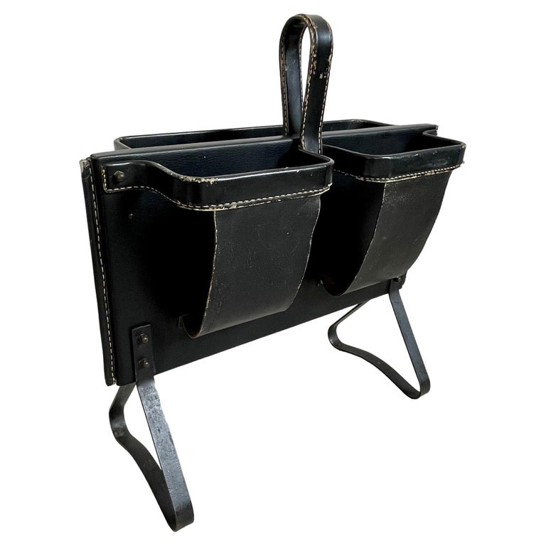Jacques Black Leather Magazine Rack, 1950s For Sale at 1stDibs