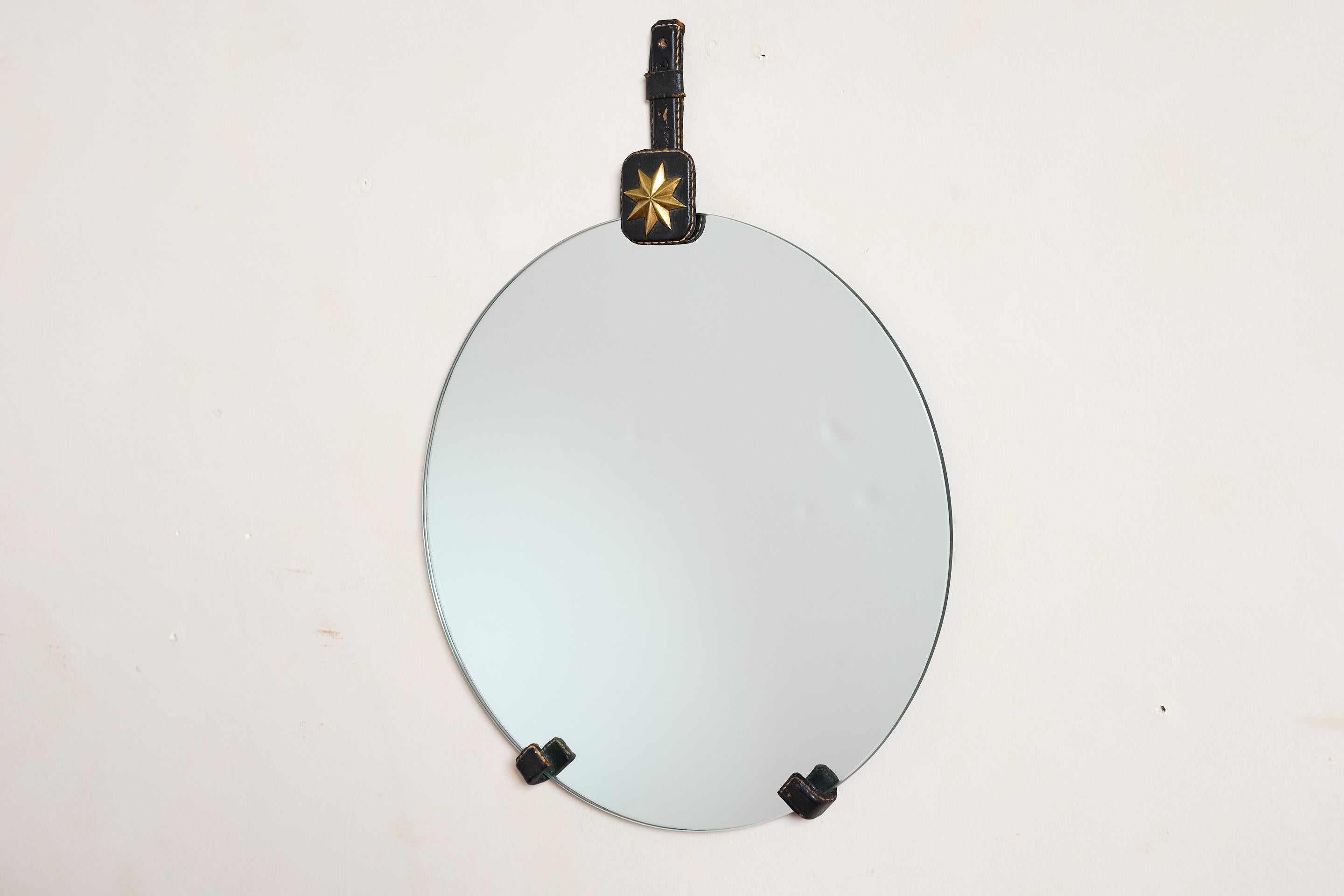 French Jacques Adnet Black Leather Mirror For Sale