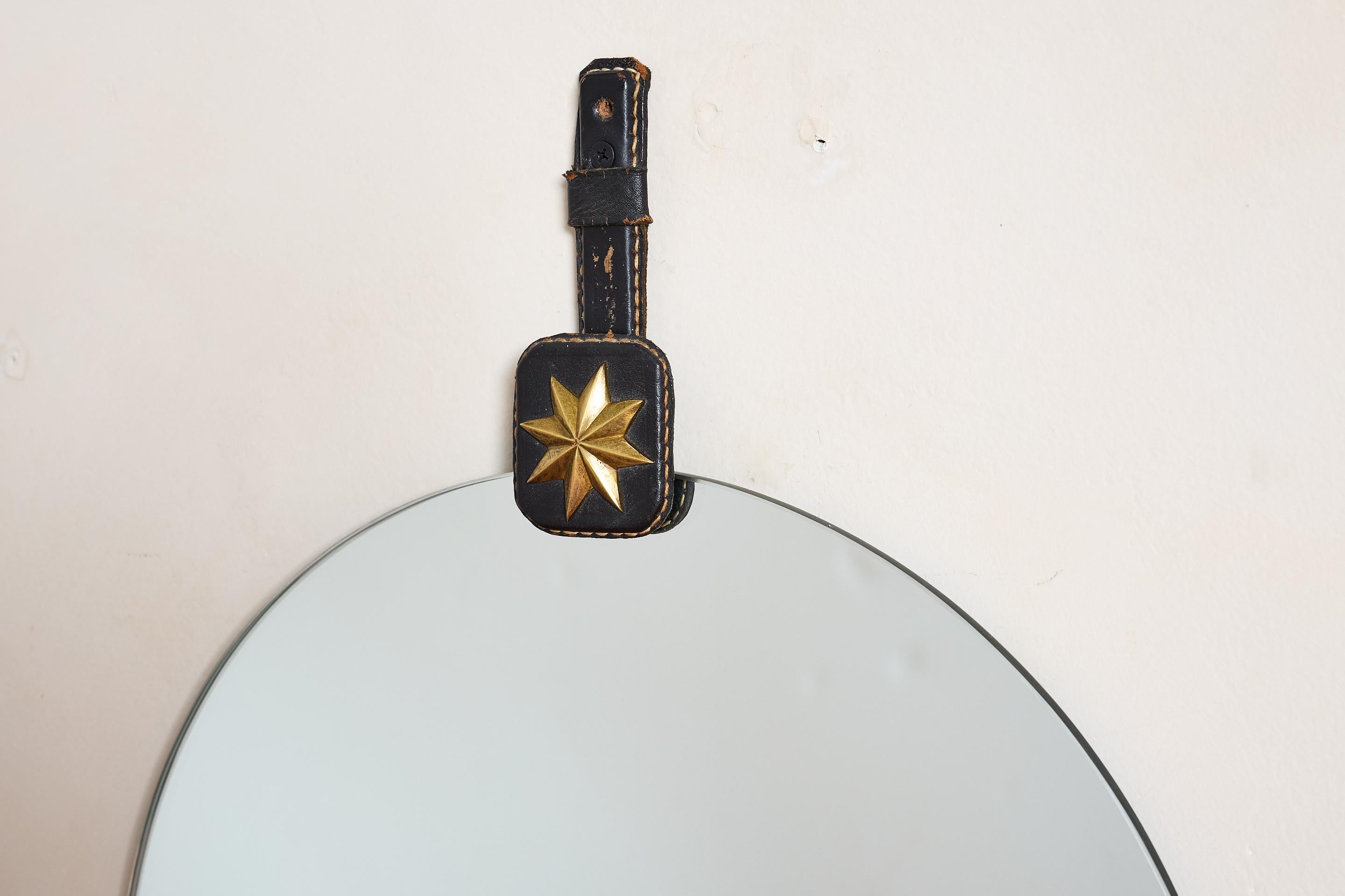 Jacques Adnet Black Leather Mirror In Good Condition For Sale In Beverly Hills, CA