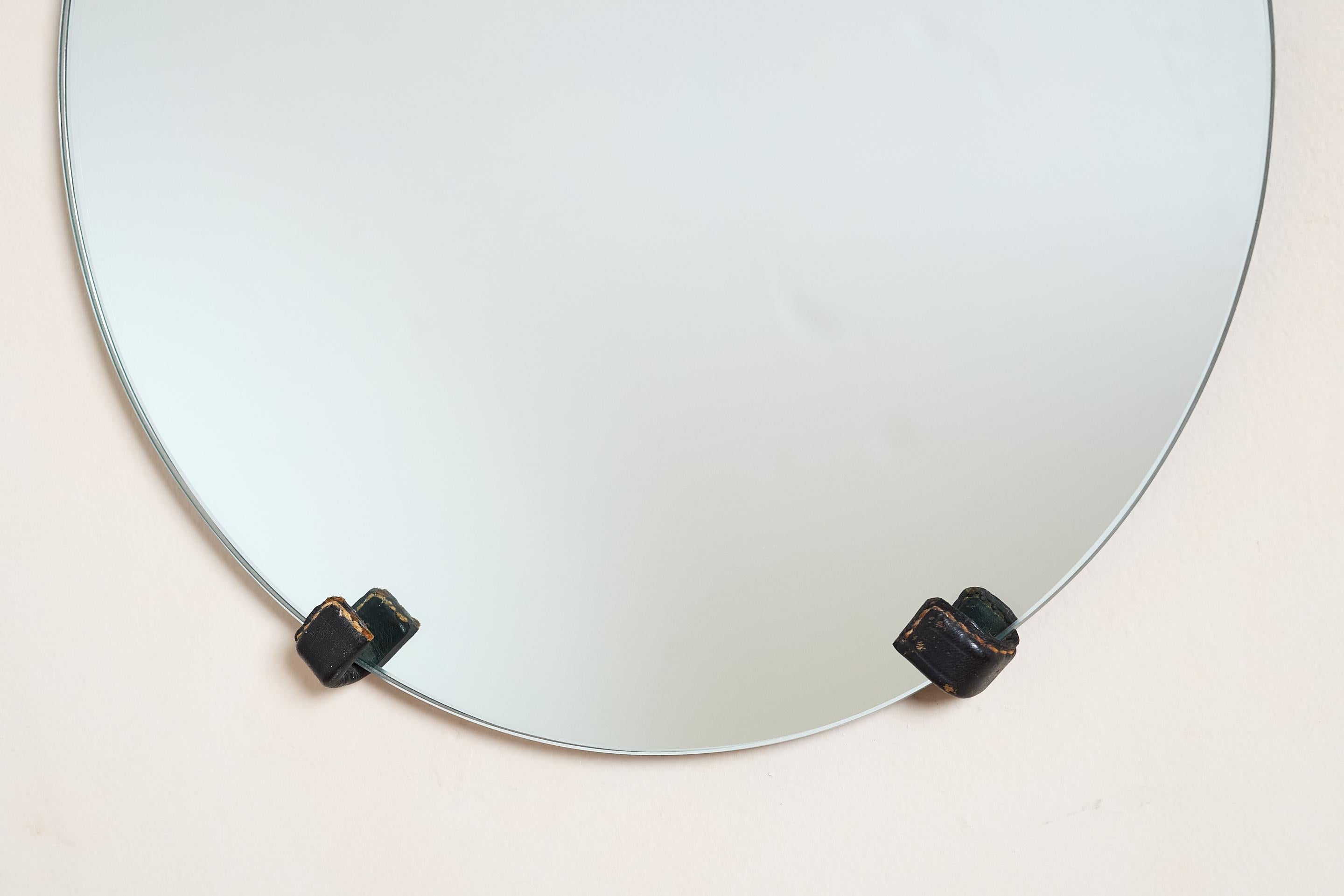 Mid-20th Century Jacques Adnet Black Leather Mirror For Sale