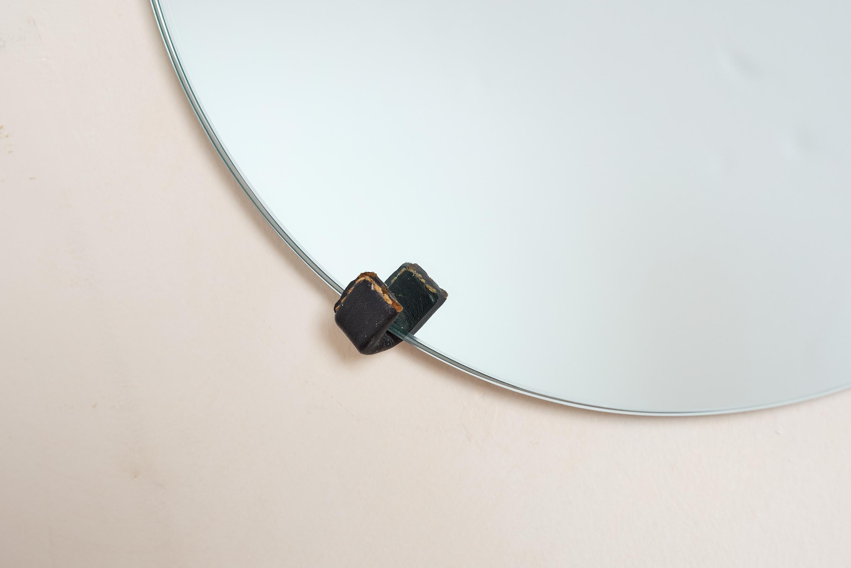 Brass Jacques Adnet Black Leather Mirror For Sale