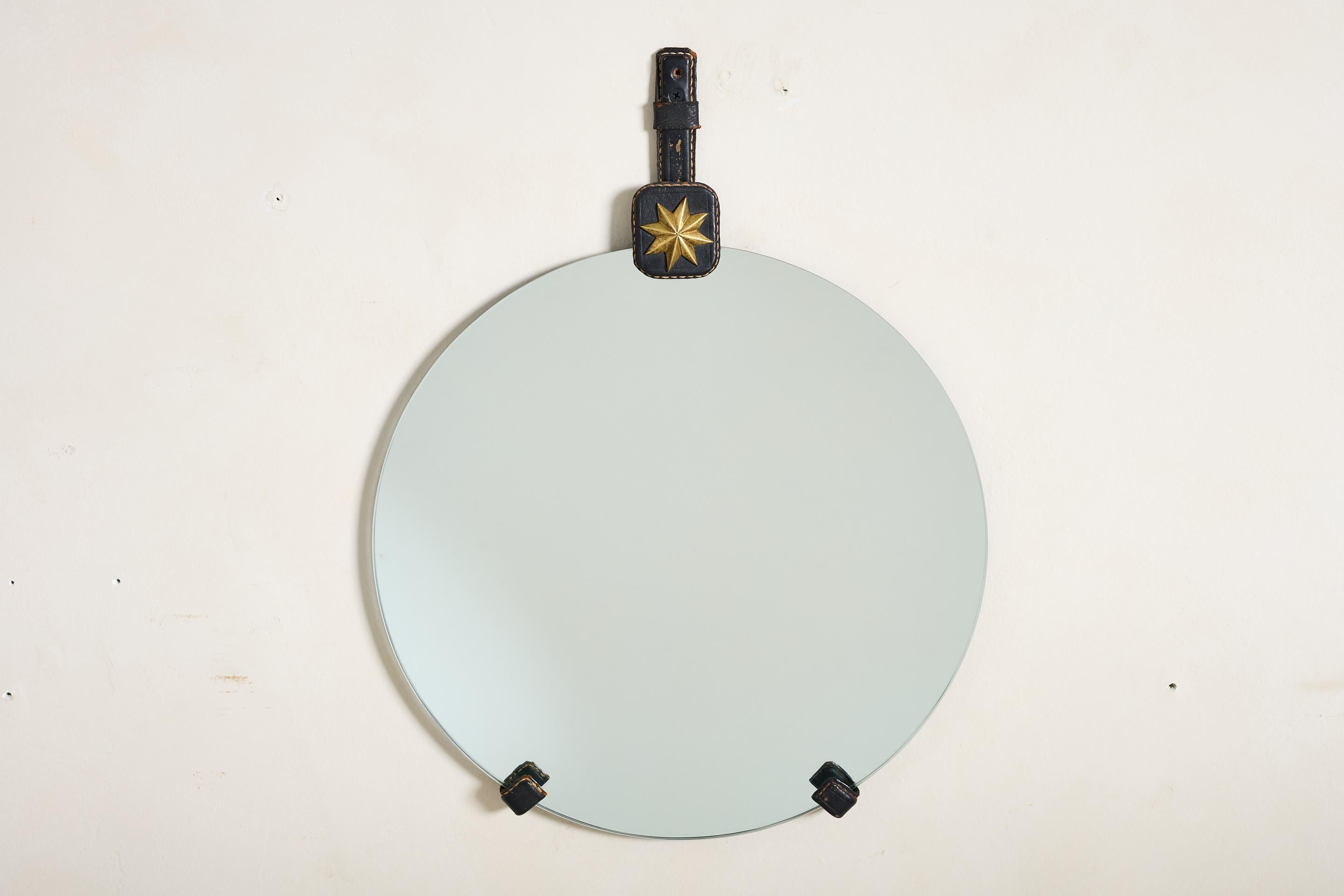 Jacques Adnet Black Leather Mirror For Sale 1