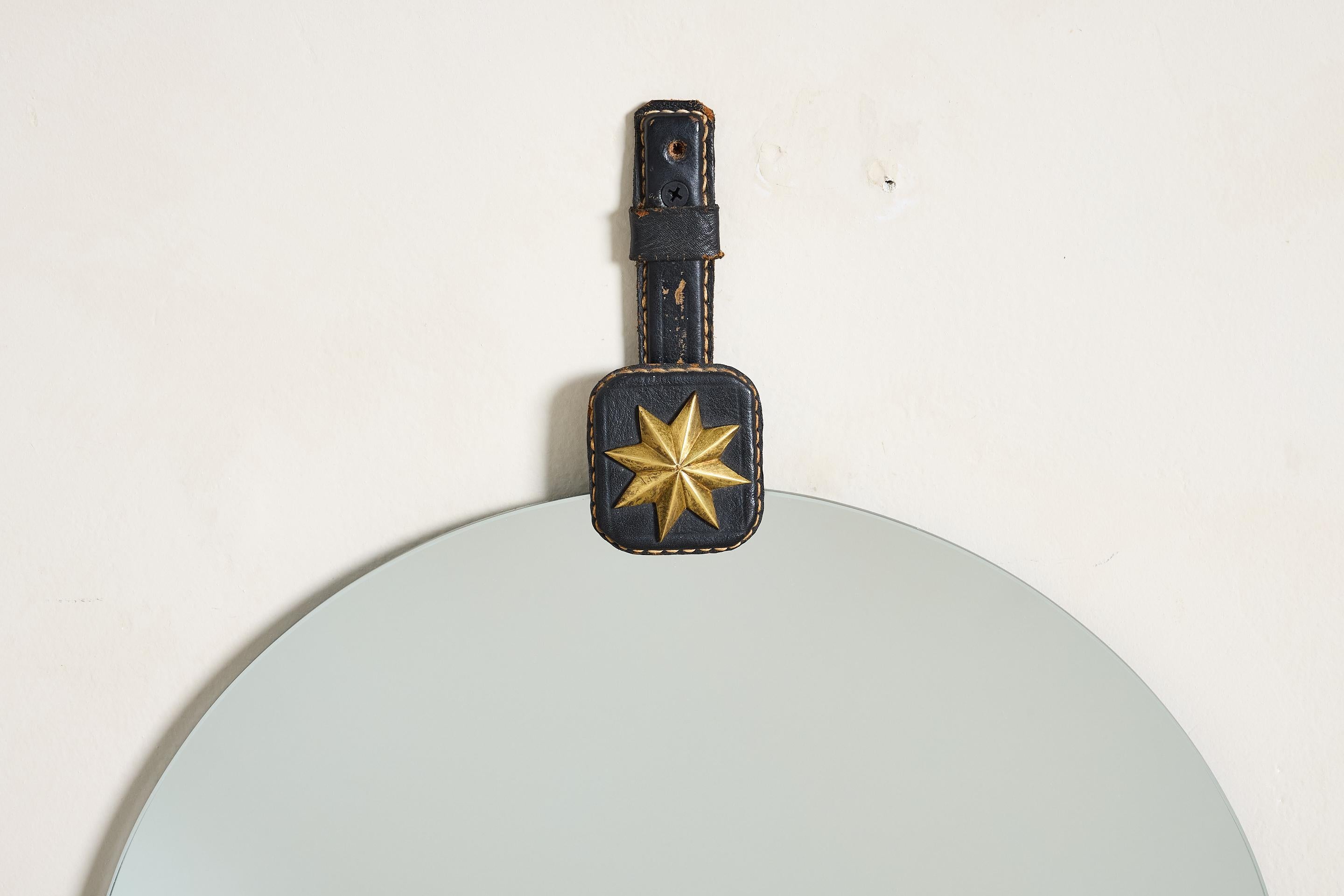 Jacques Adnet Black Leather Mirror For Sale 2