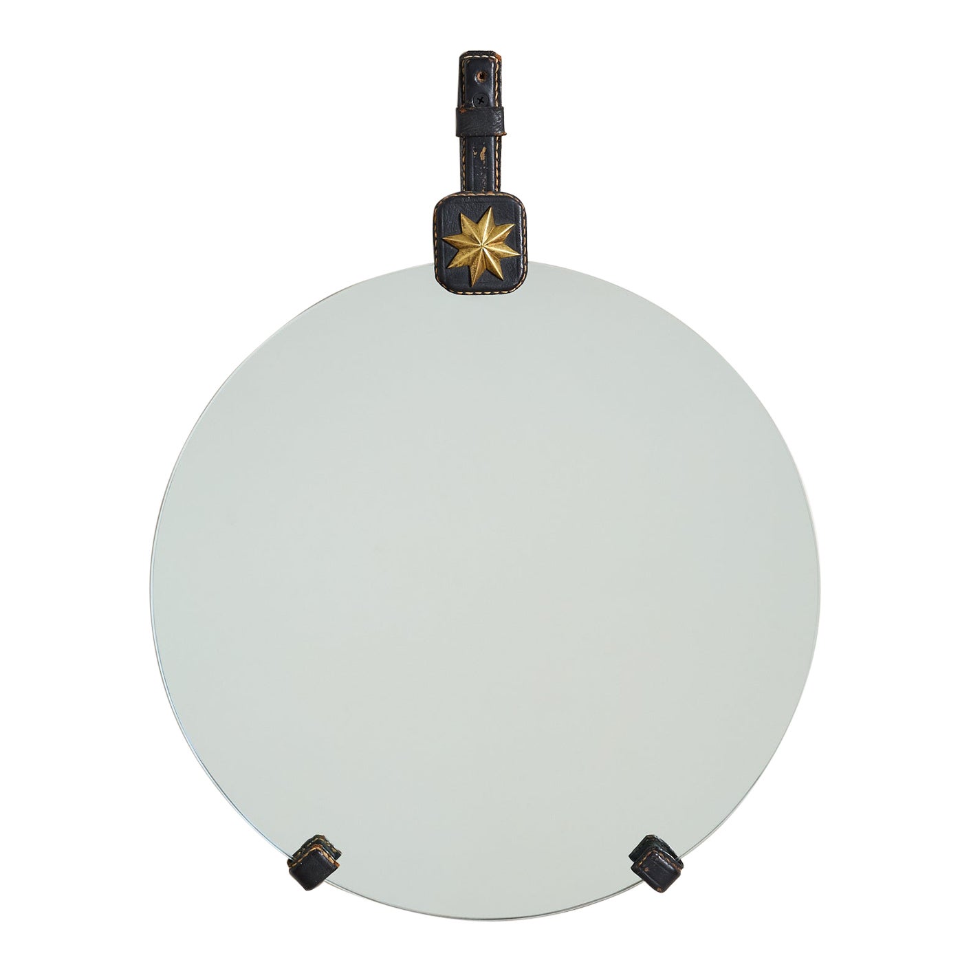 Jacques Adnet Black Leather Mirror For Sale