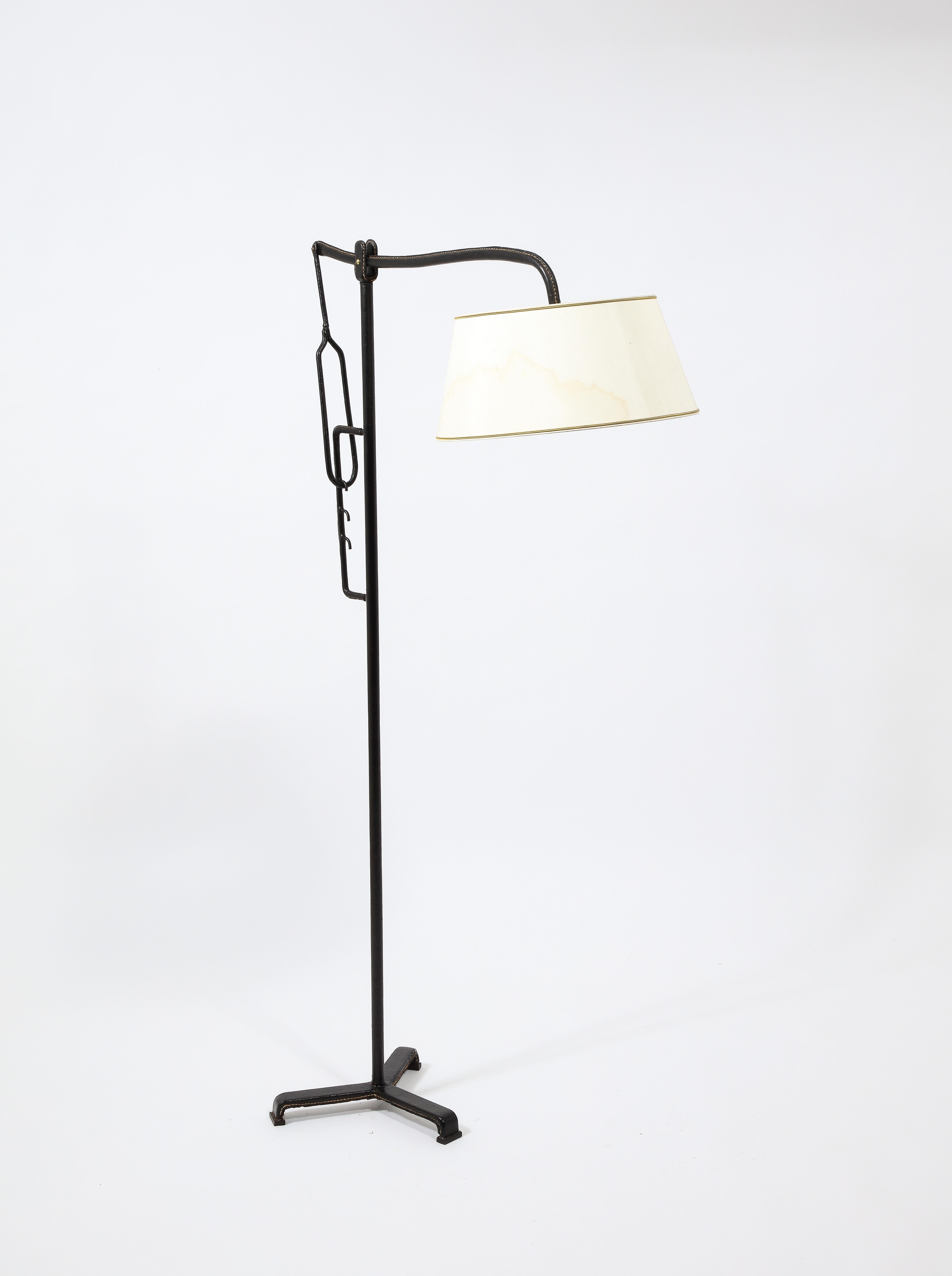 Jacques Adnet Black Leather Potence Floor Lamp, France 1940's In Good Condition For Sale In New York, NY