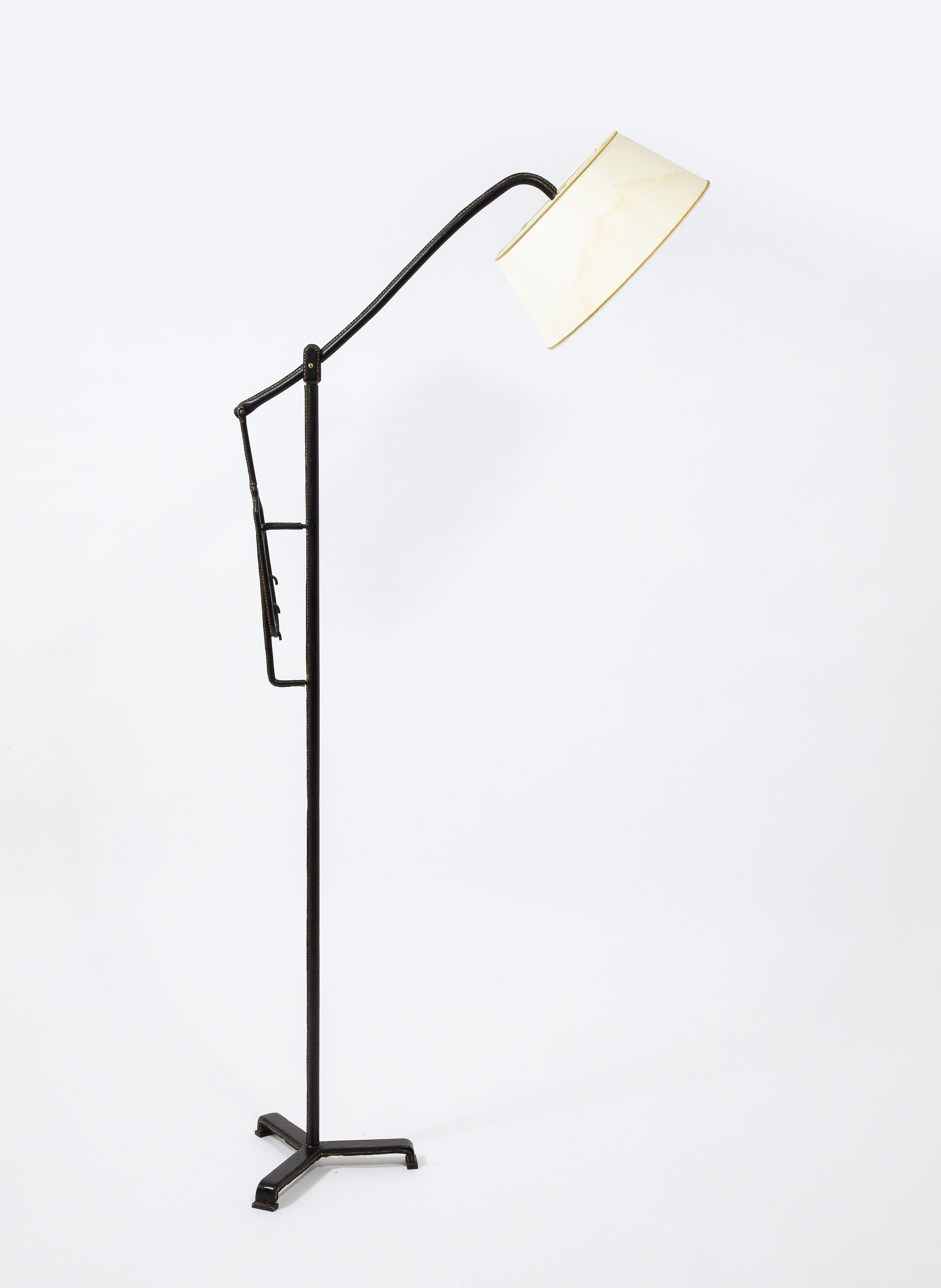 Iron Jacques Adnet Black Leather Potence Floor Lamp, France 1940's For Sale