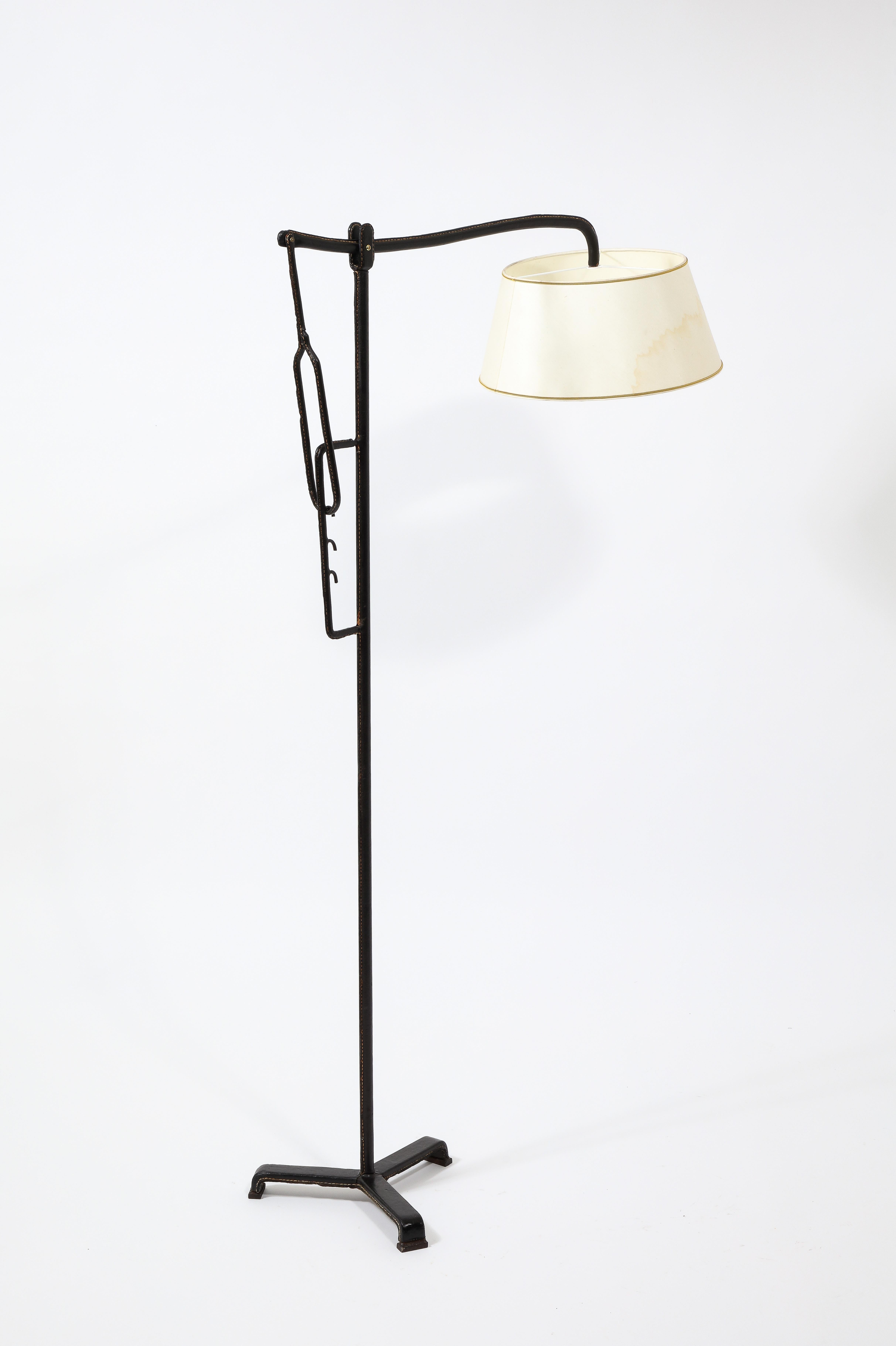Jacques Adnet Black Leather Potence Floor Lamp, France 1940's For Sale 1