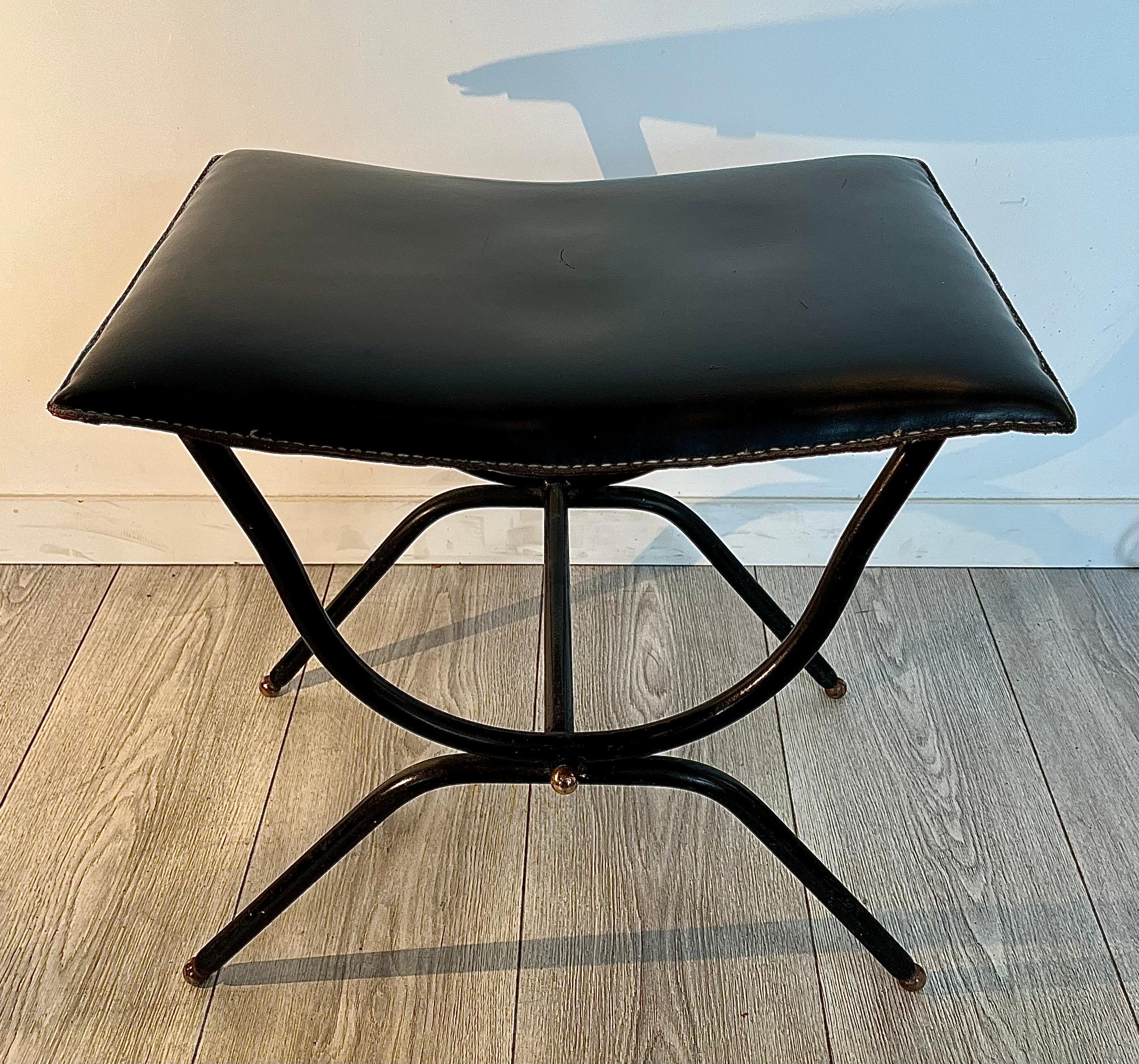 Other Jacques Adnet : Black leather stool, circa 1955