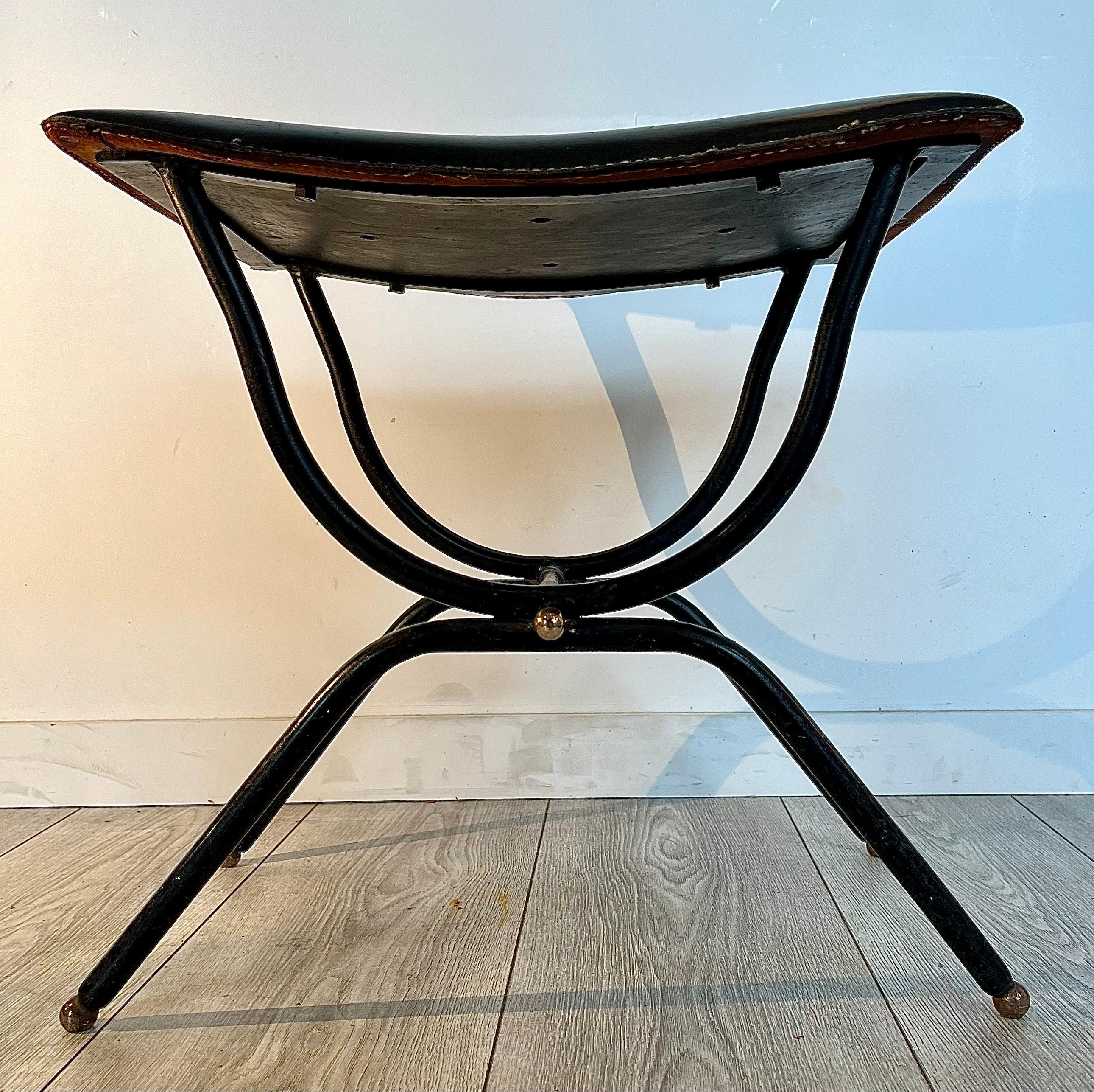 French Jacques Adnet : Black leather stool, circa 1955