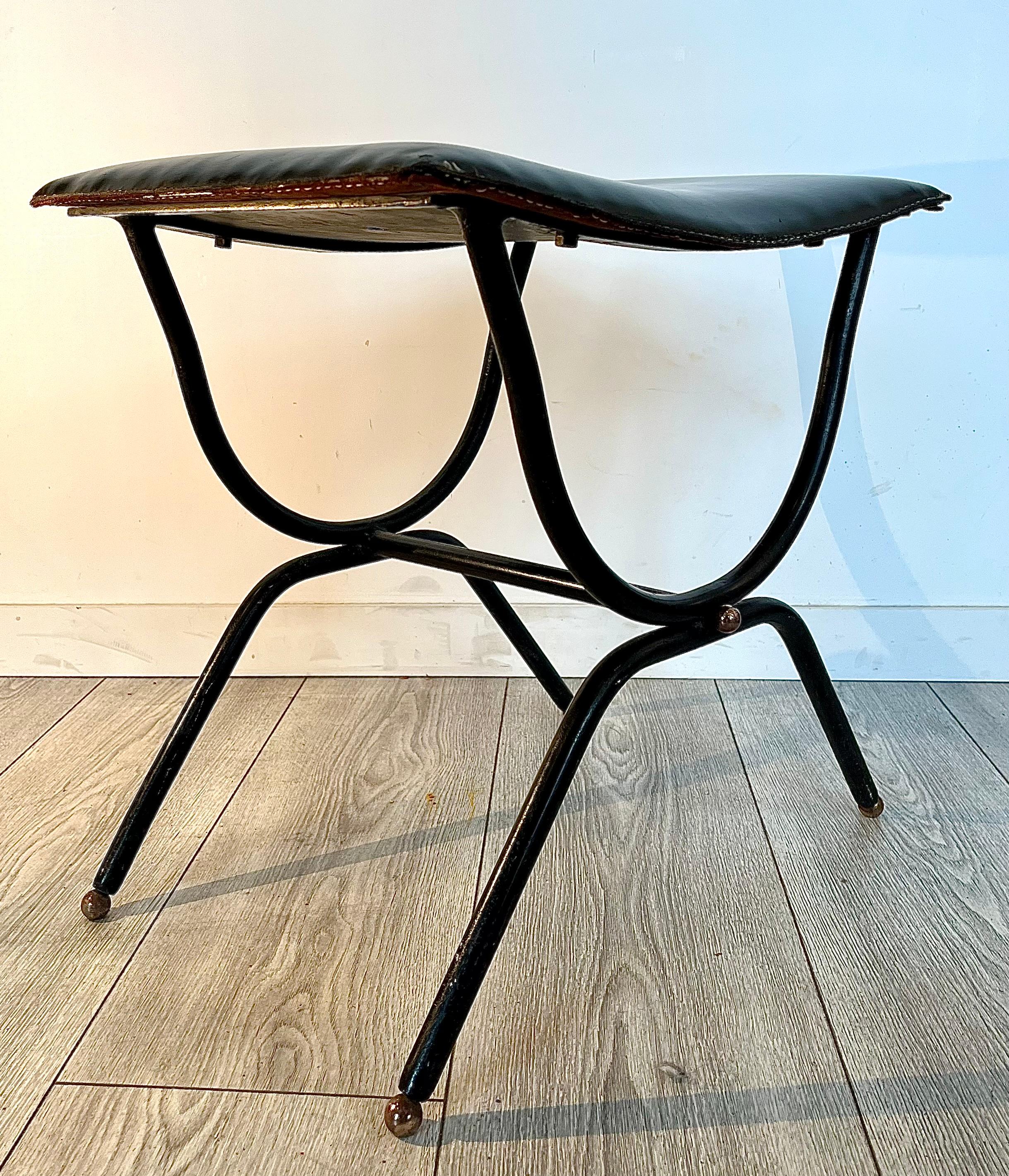 20th Century Jacques Adnet : Black leather stool, circa 1955