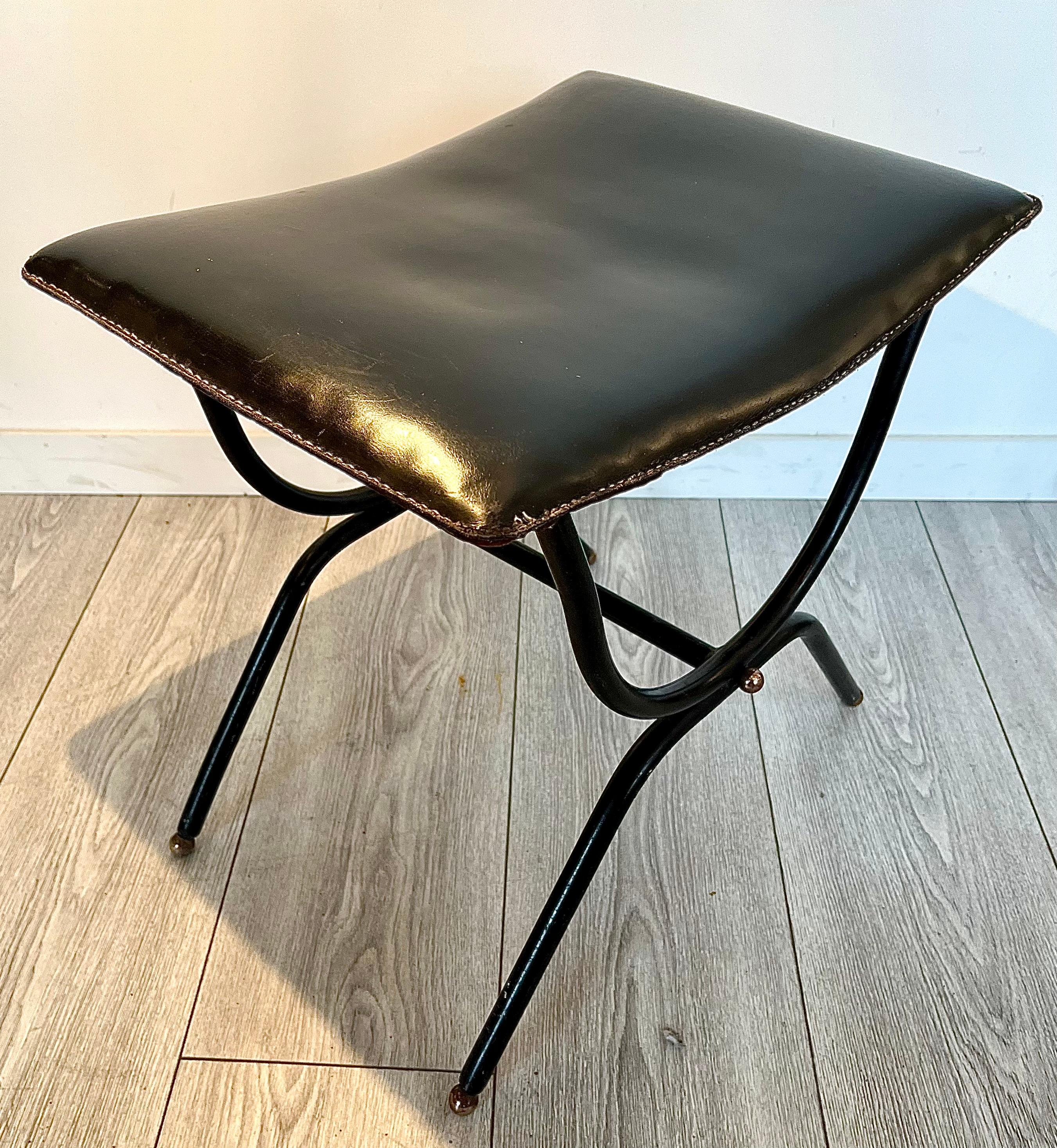Metal Jacques Adnet : Black leather stool, circa 1955
