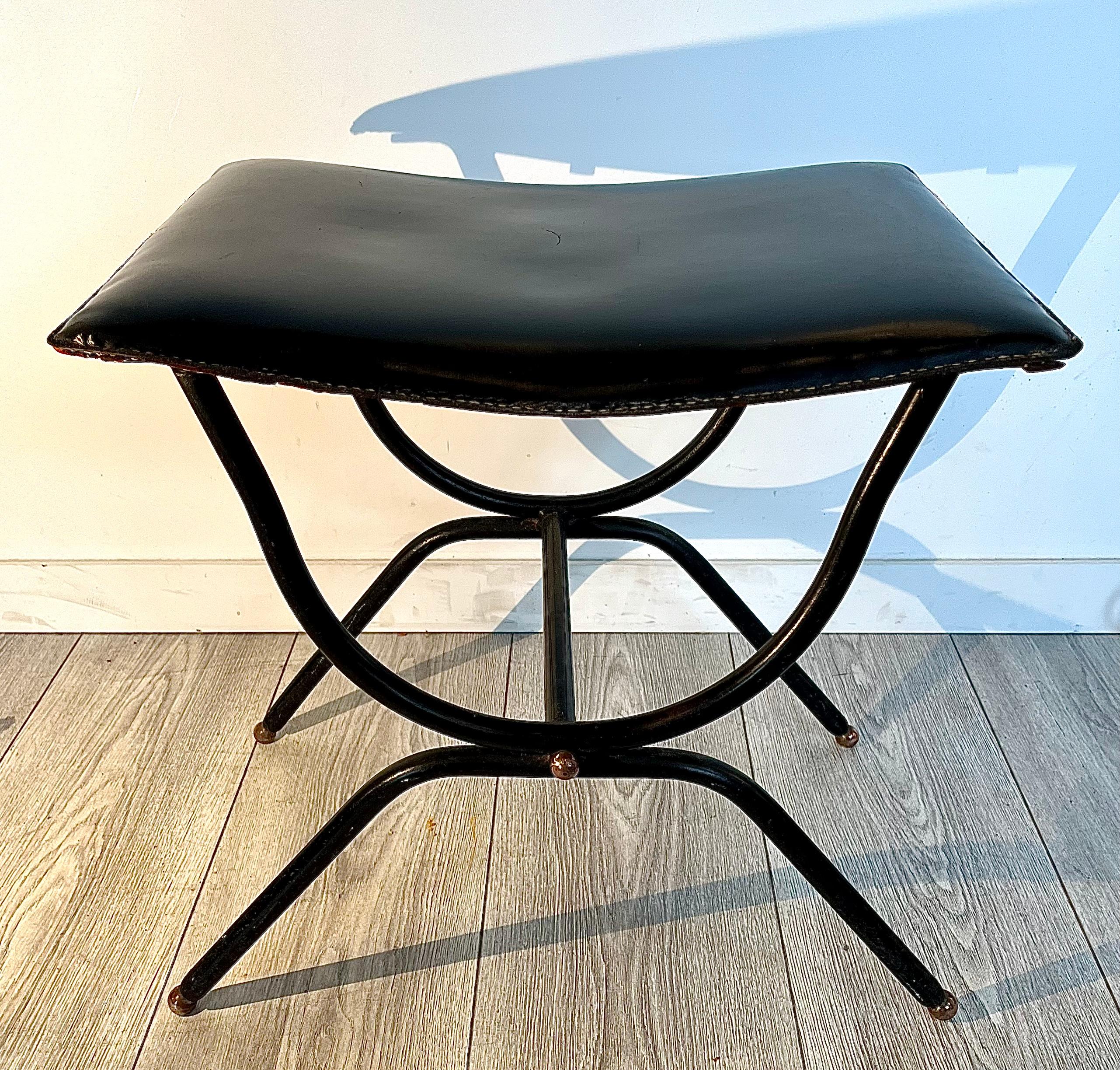 Jacques Adnet : Black leather stool, circa 1955 1