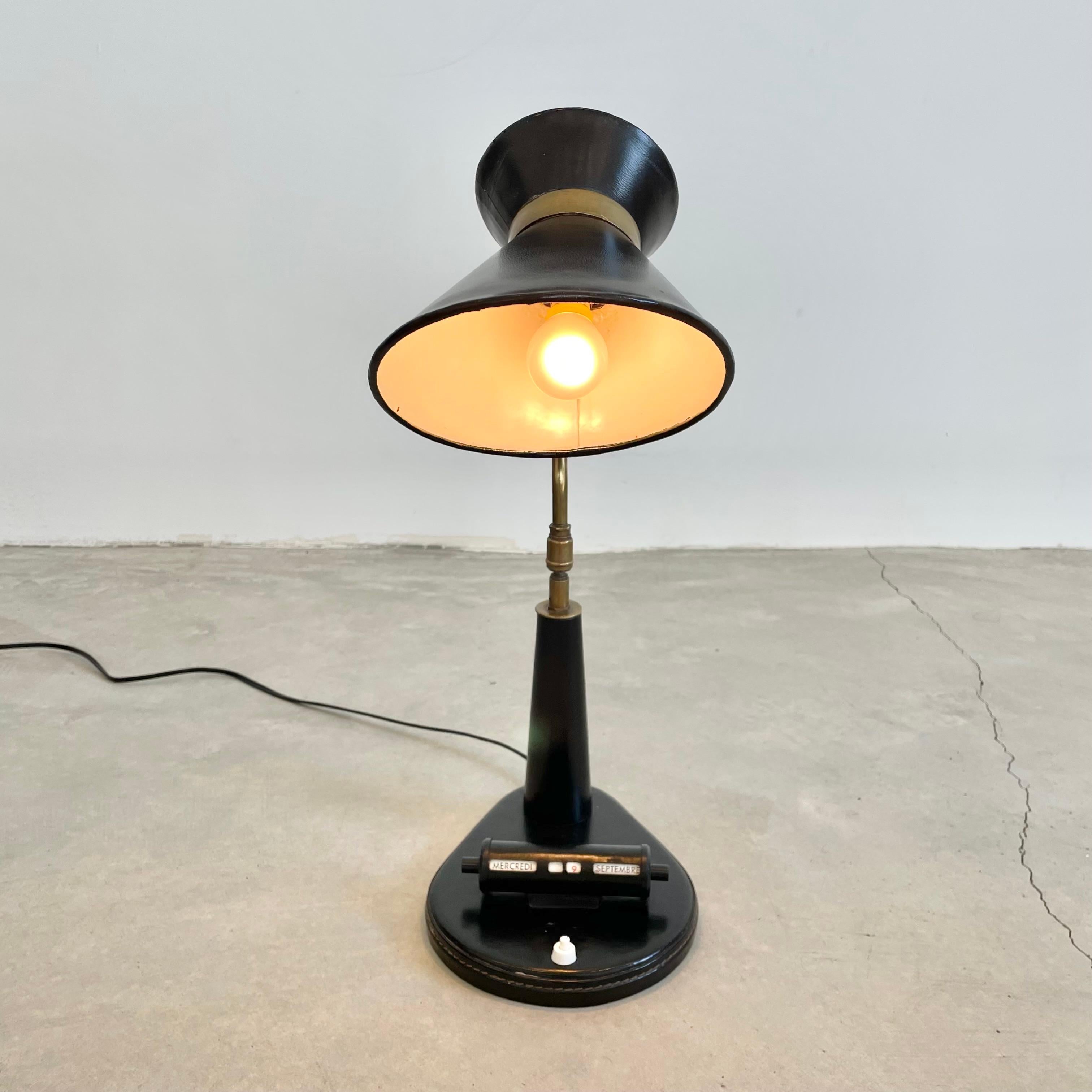 Mid-Century Modern Jacques Adnet Black Leather Table Lamp with Adjustable Calendar, 1950s France For Sale