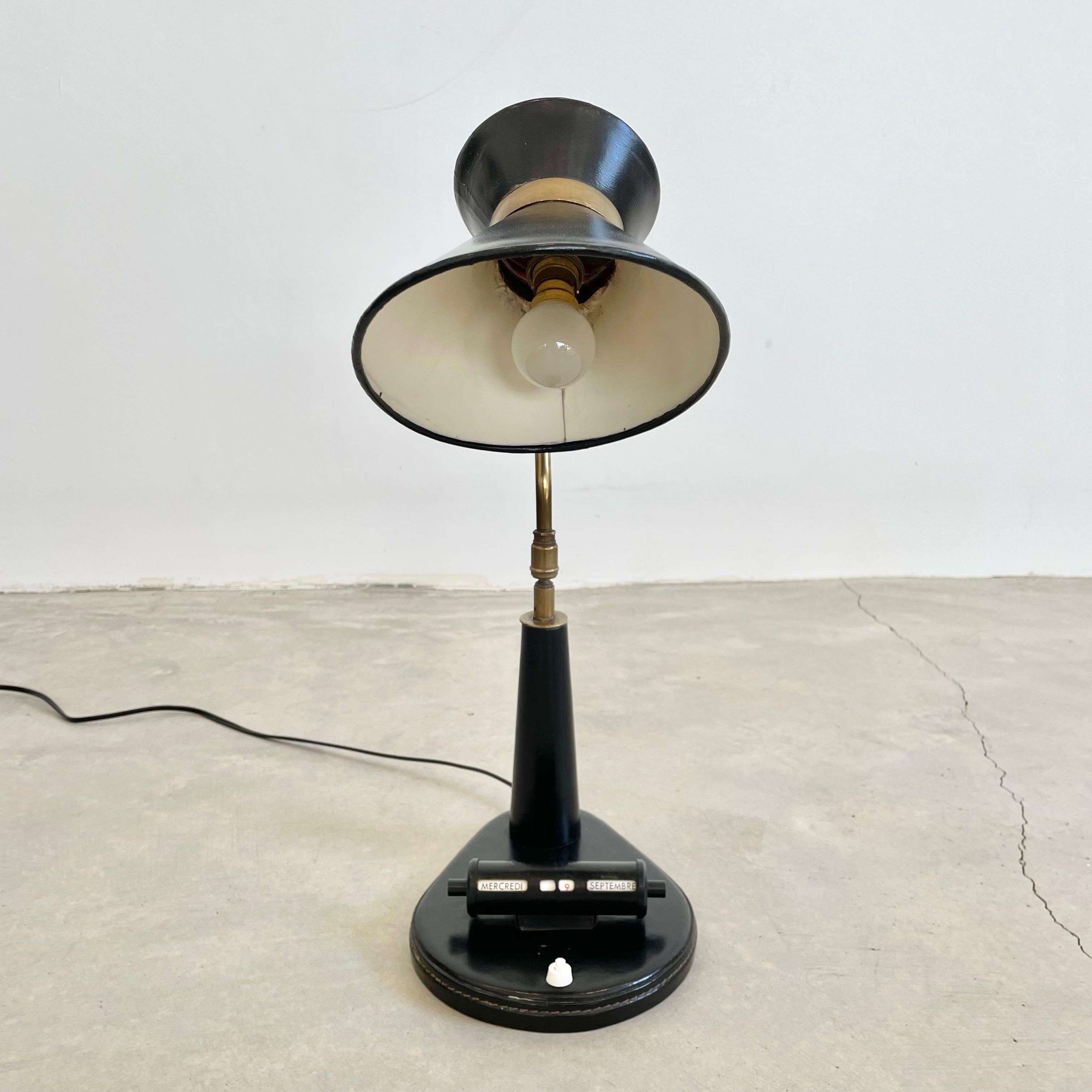 Jacques Adnet Black Leather Table Lamp with Adjustable Calendar, 1950s France In Good Condition For Sale In Los Angeles, CA