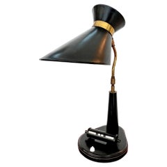 Retro Jacques Adnet Black Leather Table Lamp with Adjustable Calendar, 1950s France