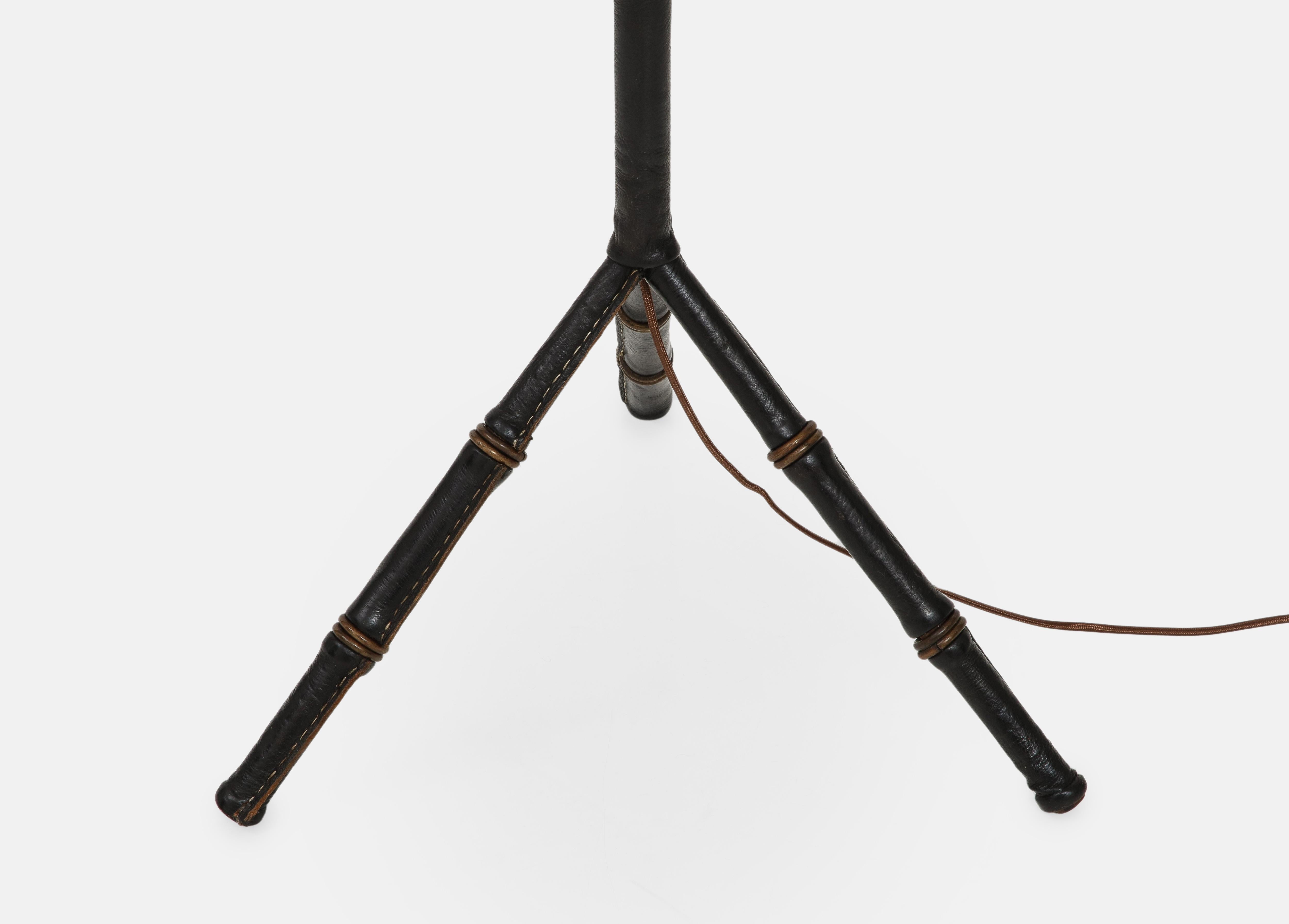 Jacques Adnet Black Leather Tripod Faux Bamboo Floor Lamp, 1950s For Sale 3