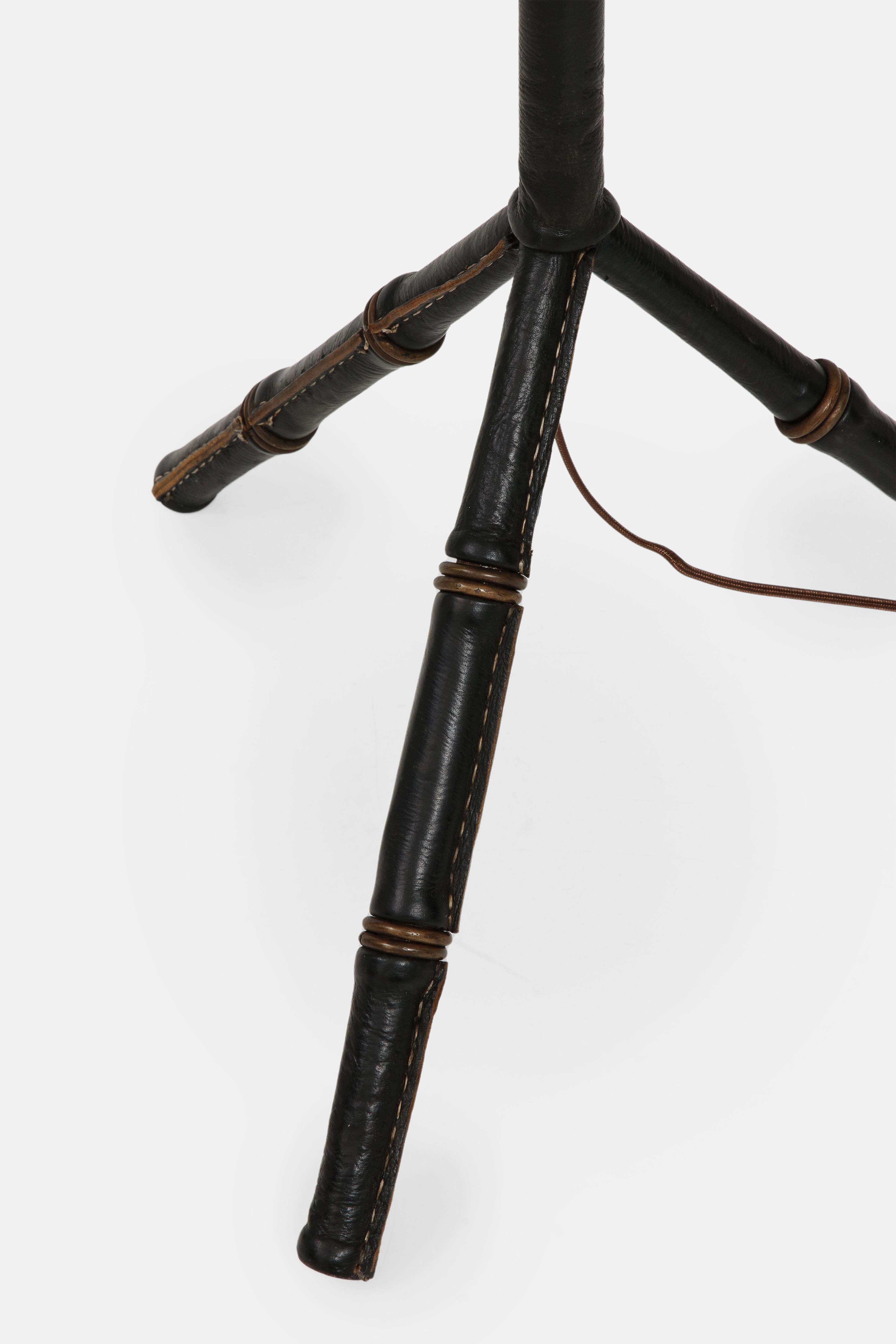 Jacques Adnet Black Leather Tripod Faux Bamboo Floor Lamp, 1950s For Sale 5