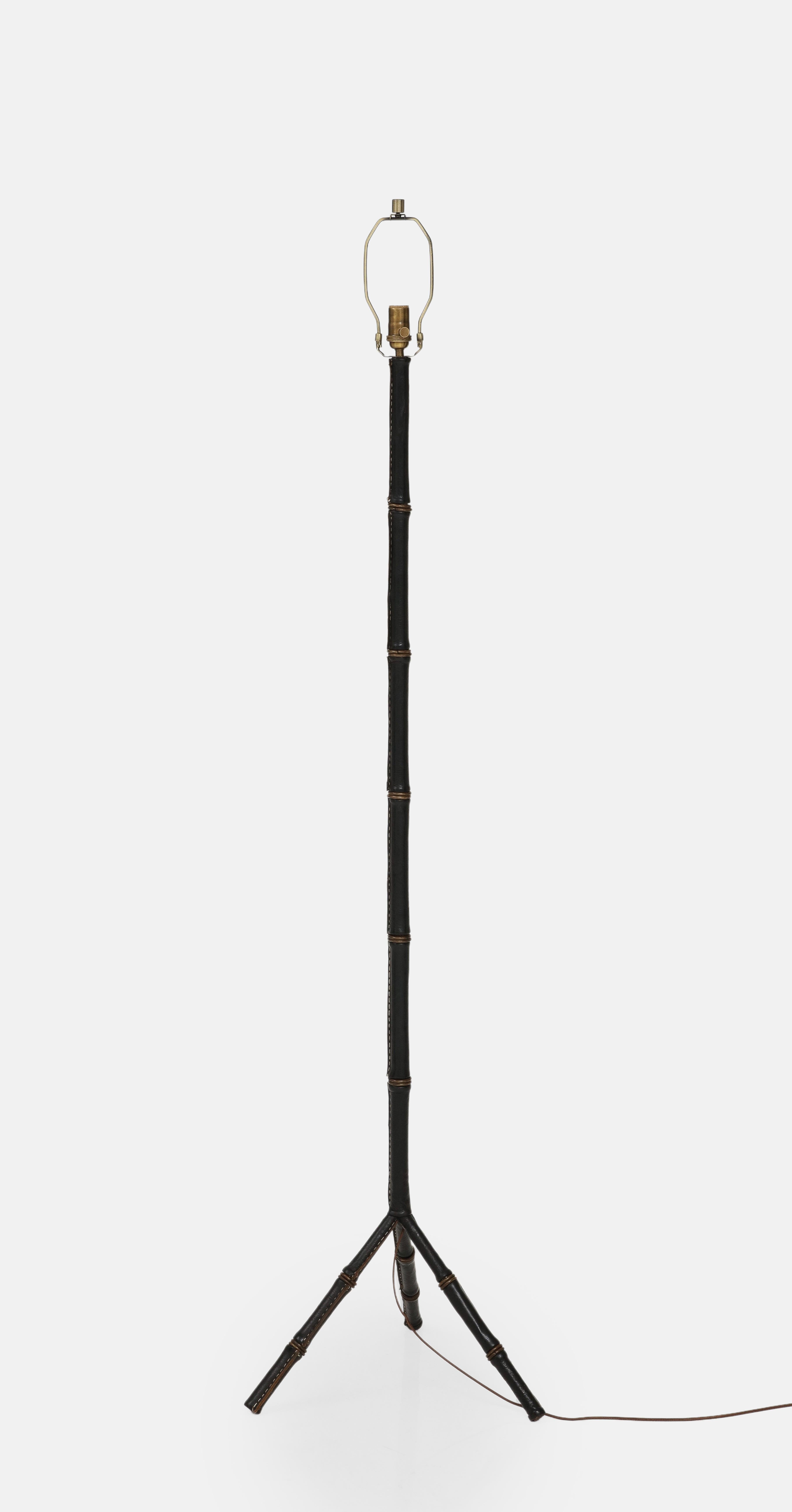 Jacques Adnet Black Leather Tripod Faux Bamboo Floor Lamp, 1950s For Sale 6