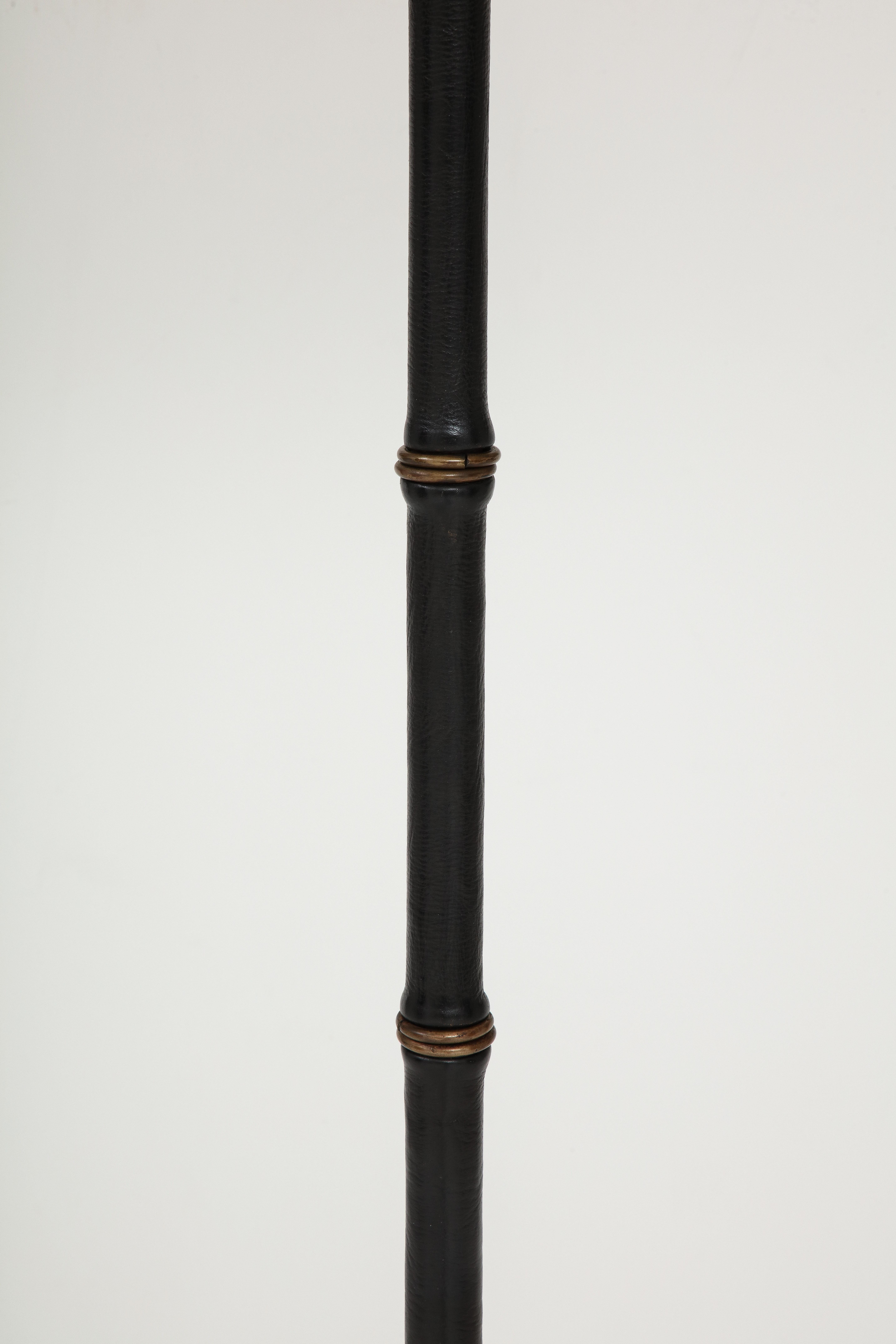 Brass Jacques Adnet Black Leather Tripod Faux Bamboo Floor Lamp, 1950s For Sale