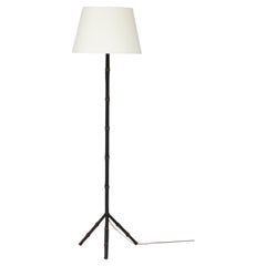 Jacques Adnet Black Leather Tripod Faux Bamboo Floor Lamp, 1950s
