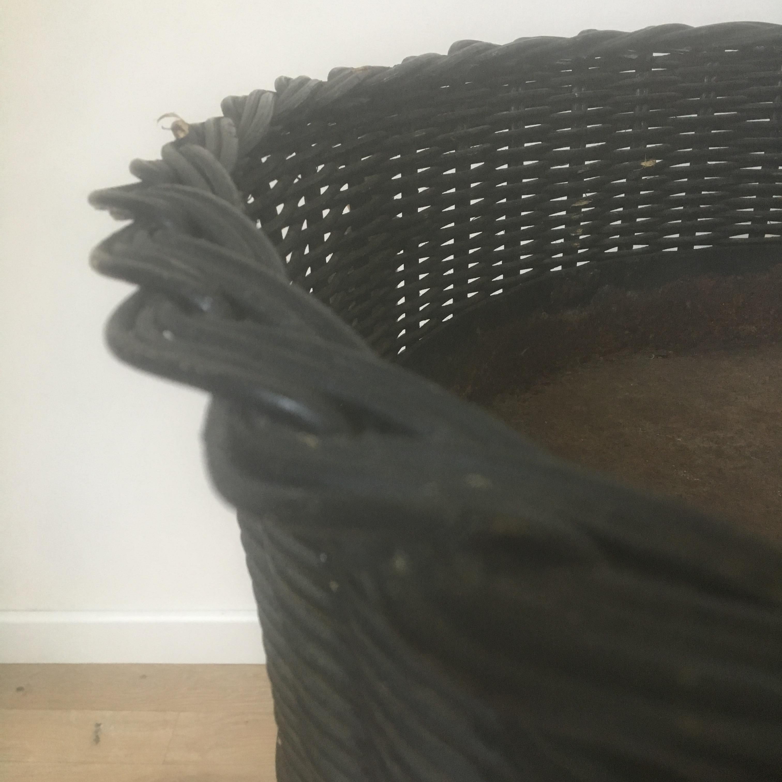  Jacques Adnet Black Rattan Indoor Planter, Bamboo Gilt Metal Legs, French 1950s For Sale 8