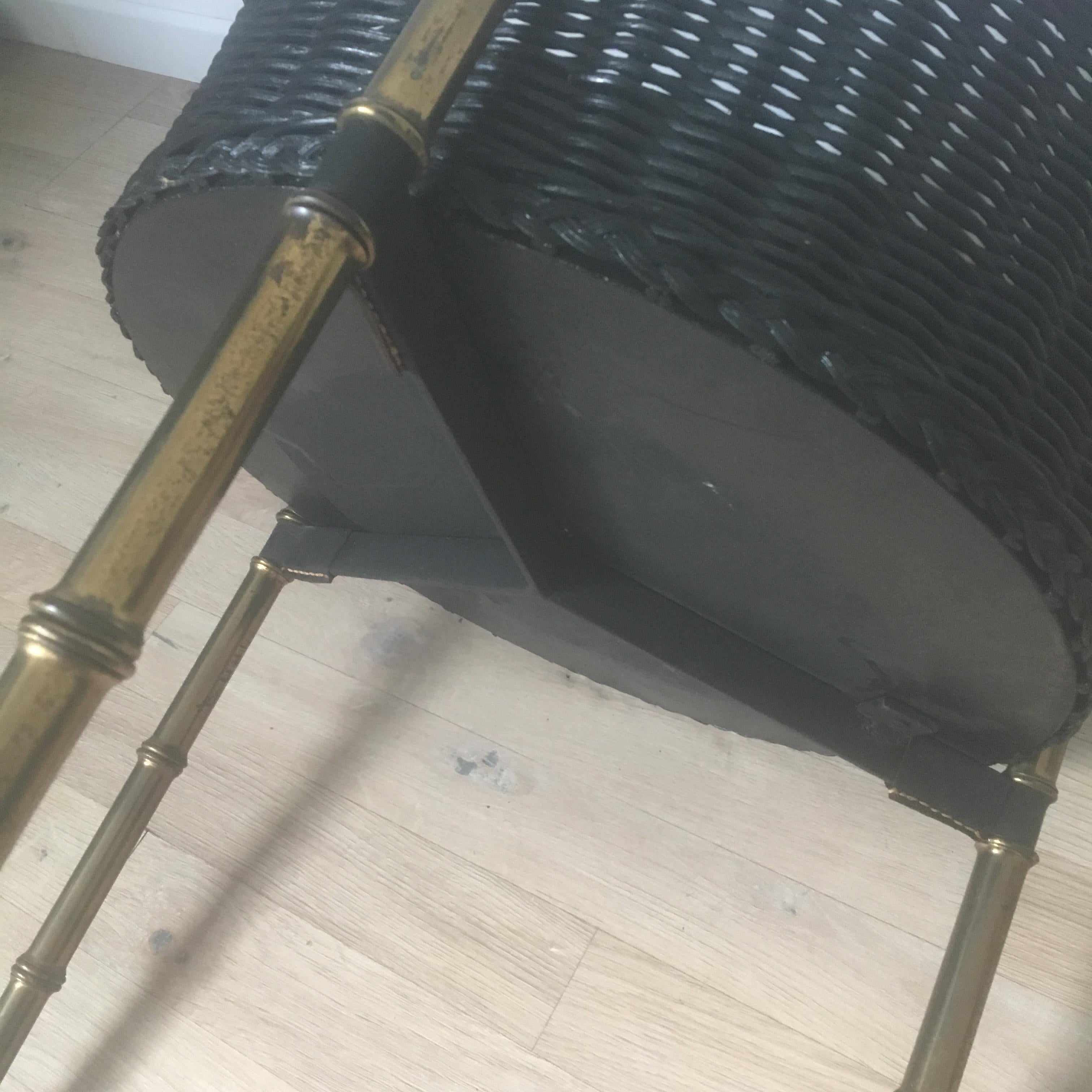  Jacques Adnet Black Rattan Indoor Planter, Bamboo Gilt Metal Legs, French 1950s For Sale 9