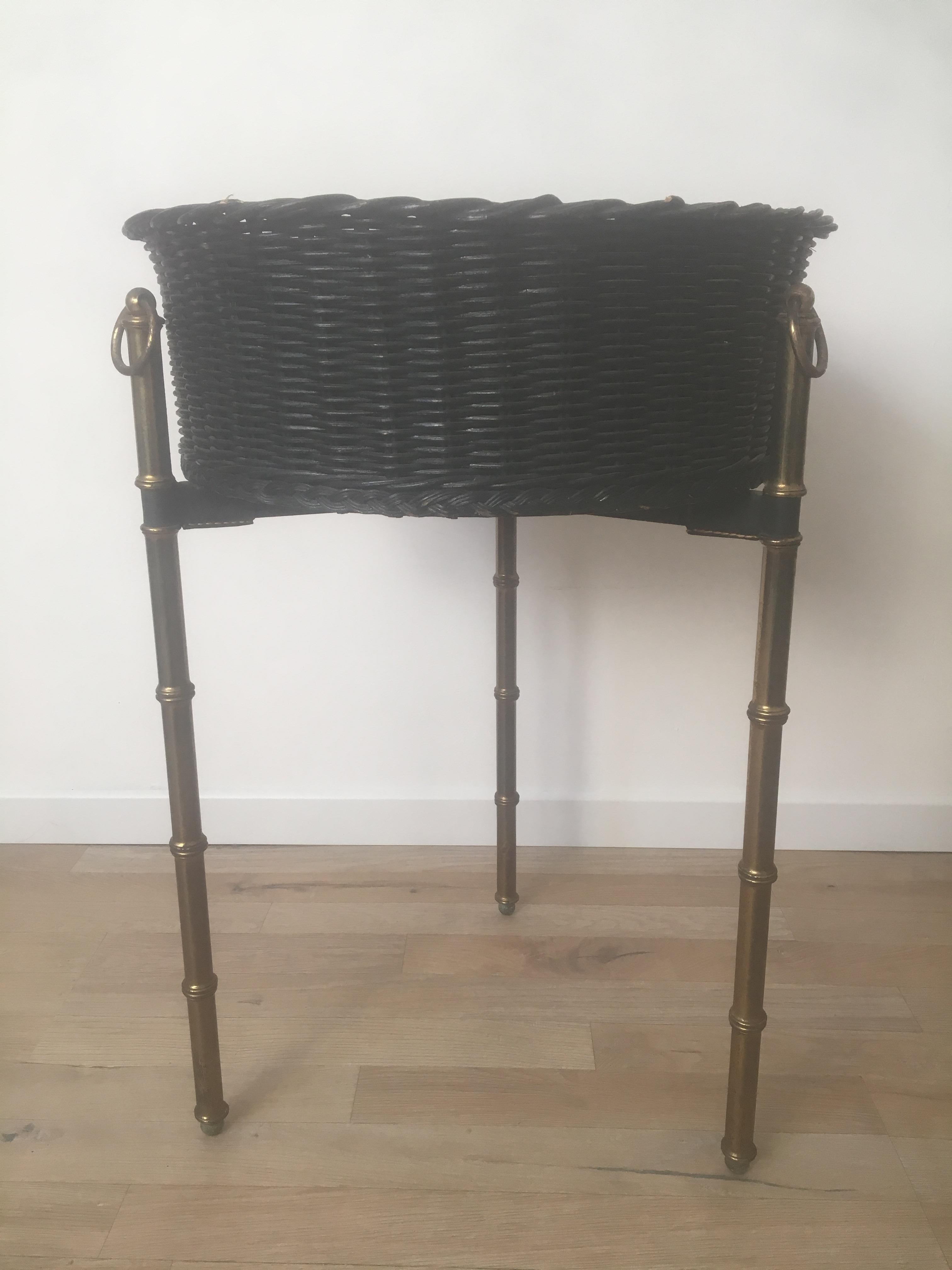 Mid-Century Modern  Jacques Adnet Black Rattan Indoor Planter, Bamboo Gilt Metal Legs, French 1950s For Sale