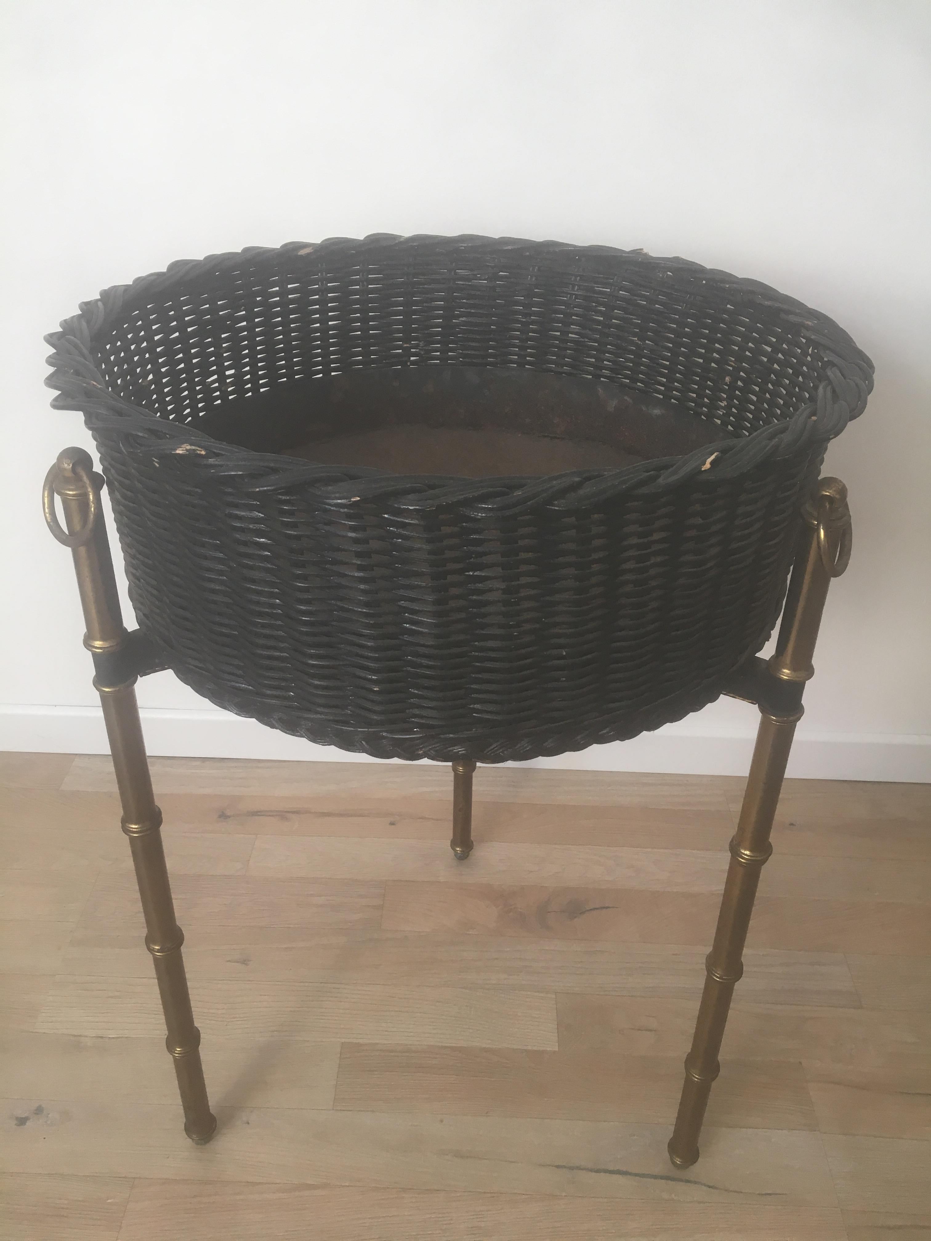 Painted  Jacques Adnet Black Rattan Indoor Planter, Bamboo Gilt Metal Legs, French 1950s For Sale